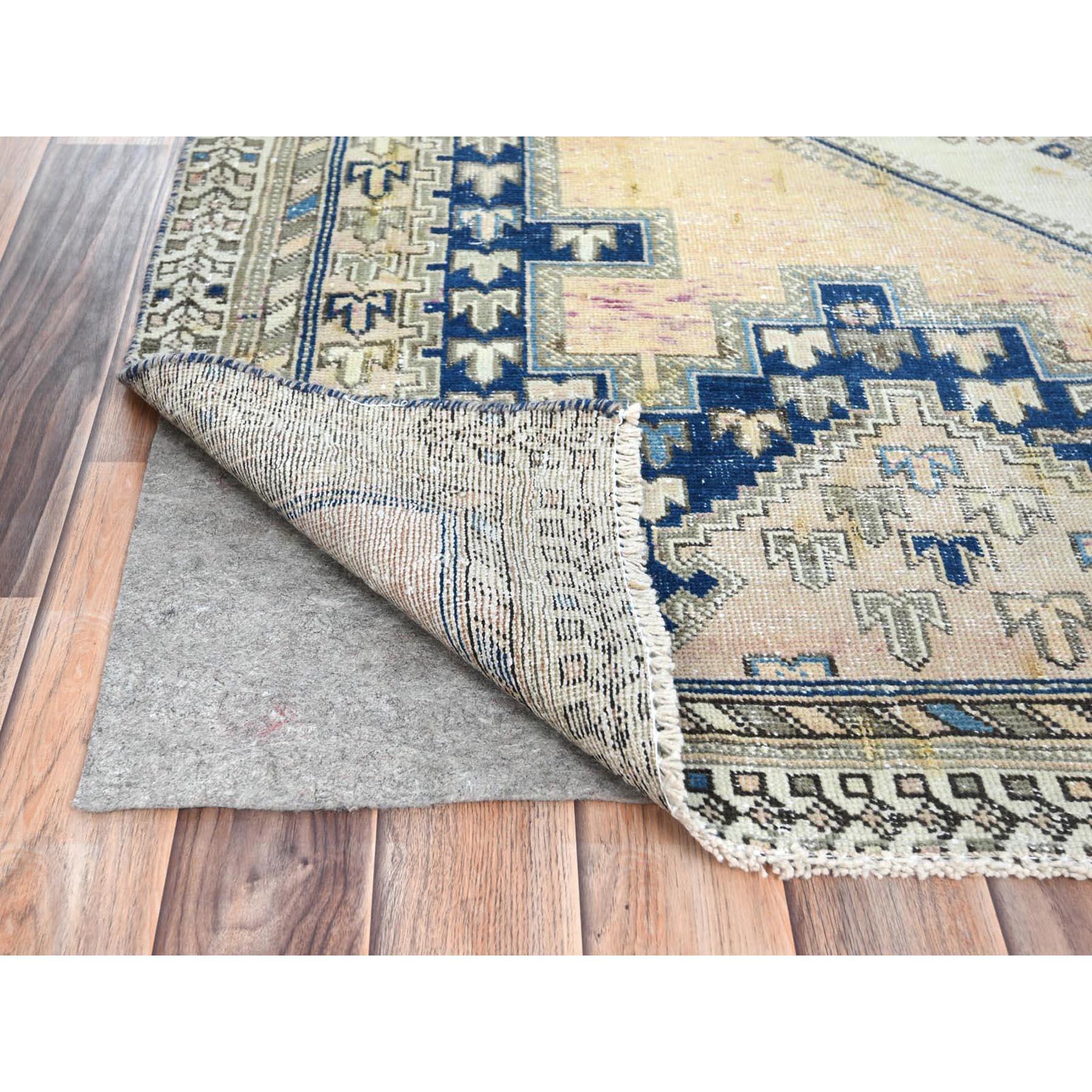 Medieval Yellow, Worn Wool Hand Knotted, Vintage Persian Shiraz Distressed Squarish Rug For Sale