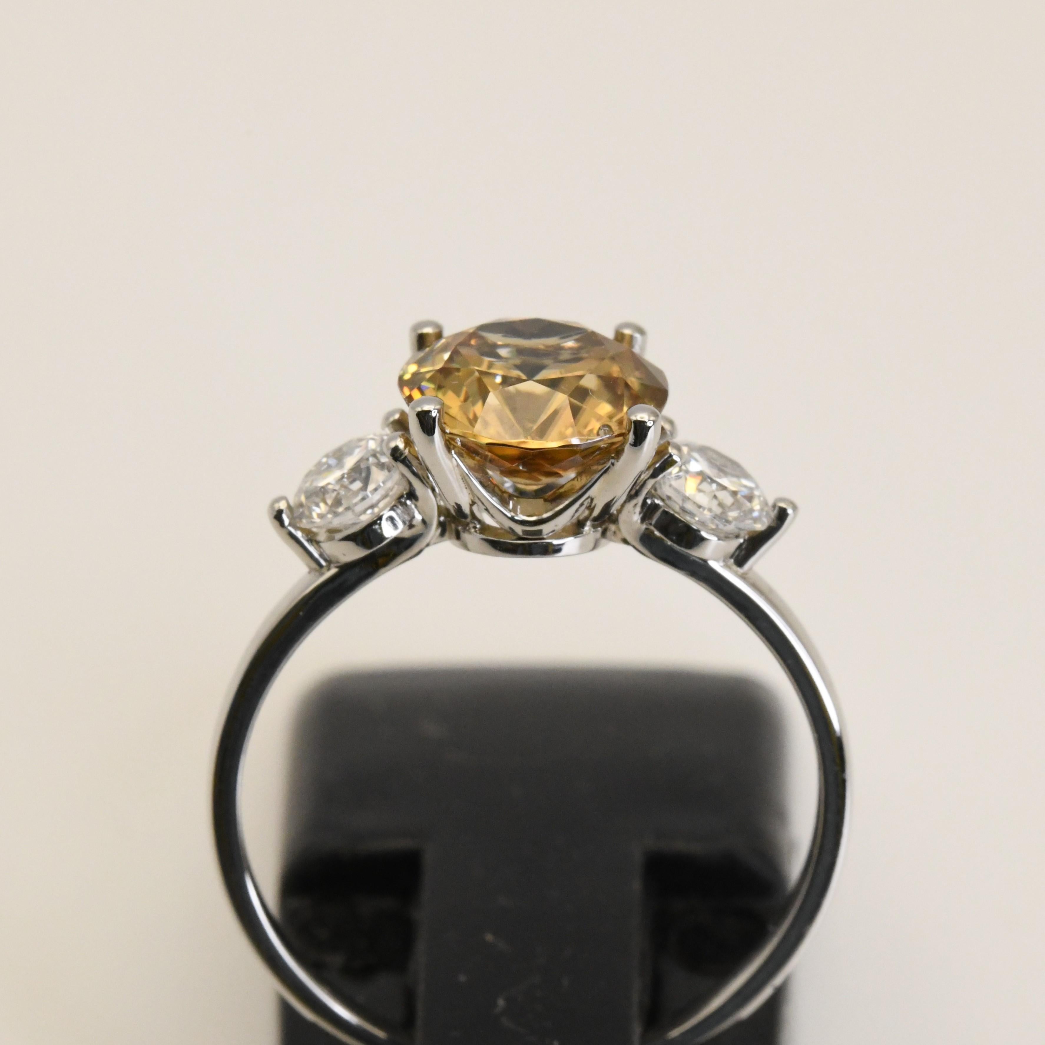 Yellow Zircon and Diamond Handmade 3 Stone Ring For Sale 1