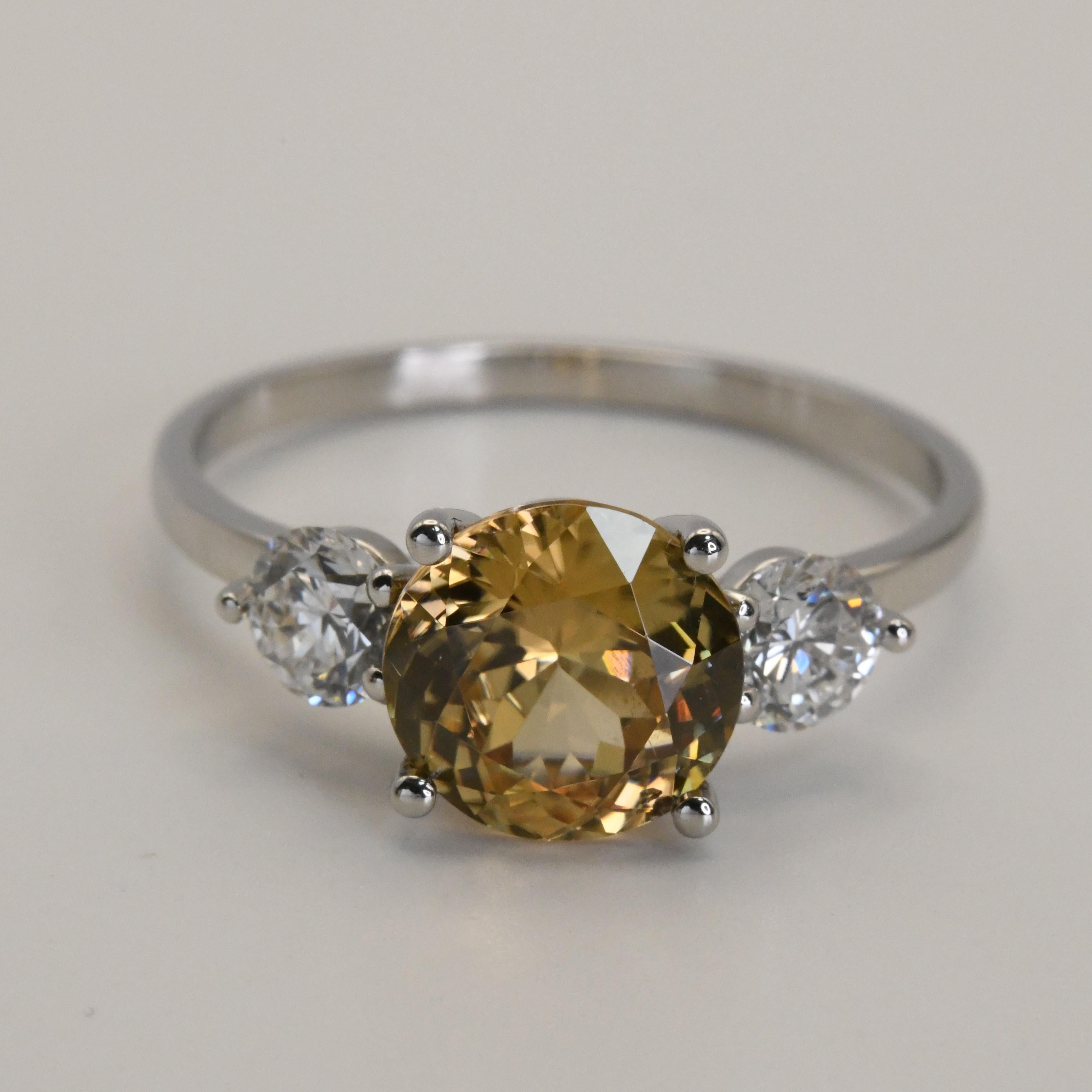 Yellow Zircon and Diamond Handmade 3 Stone Ring For Sale 2