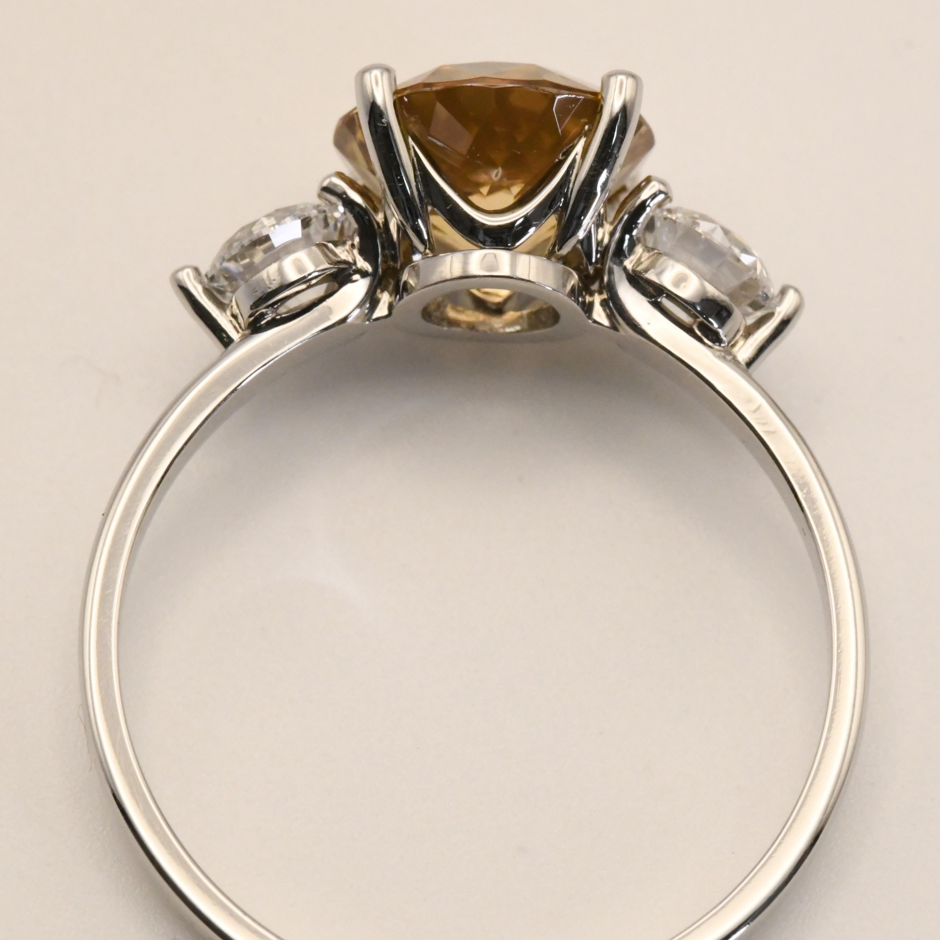 Yellow Zircon and Diamond Handmade 3 Stone Ring For Sale 3