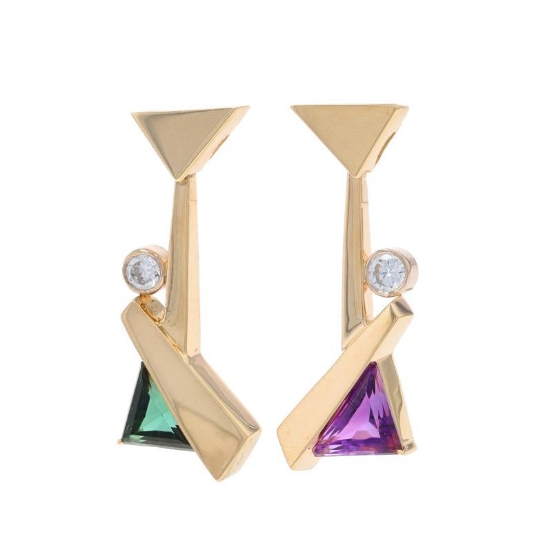 Gelbgold Amethyst Turmalin Dia Mismatch Ohrhänger 14k Dreieck 1,54ctw (Rundschliff)