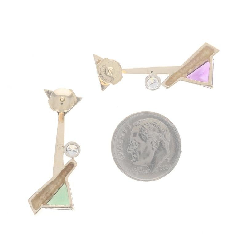 Gelbgold Amethyst Turmalin Dia Mismatch Ohrhänger 14k Dreieck 1,54ctw im Zustand „Hervorragend“ in Greensboro, NC