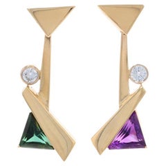 Gelbgold Amethyst Turmalin Dia Mismatch Ohrhänger 14k Dreieck 1,54ctw
