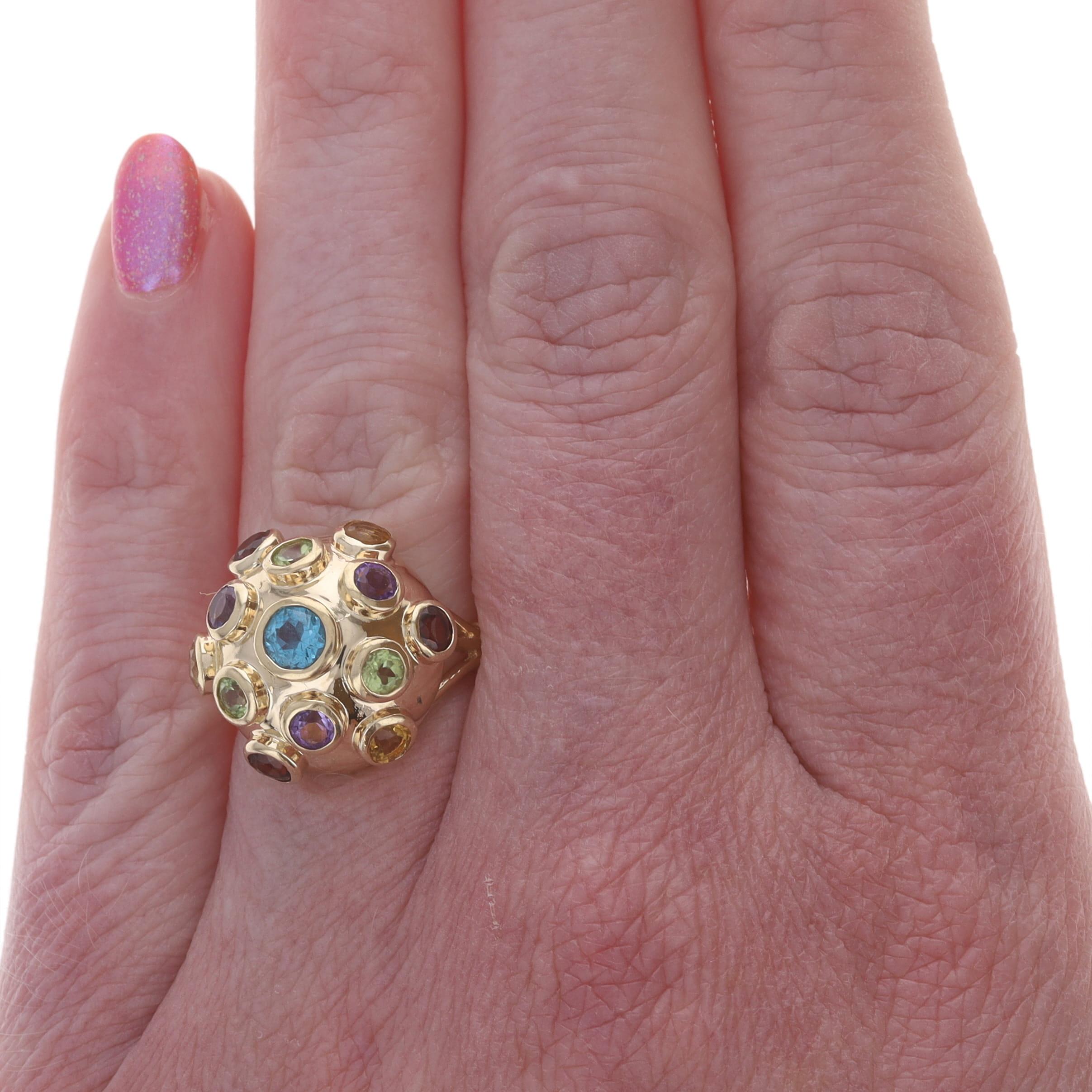 Oro amarillo Topacio azul Amatista Peridoto Sputnik Cocktail Ring 14k 2.21ctw Corte redondo en venta