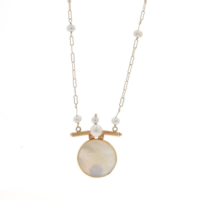 Metal Content: 14k Yellow Gold

Stone Information

Mother of Pearl
Cut: Carved

Cultured Pearls

Chain Style: Crinkle
Necklace Style: Chain Station
Fastening Type: Spring Ring Clasp
Theme: Flower Disc, Floral Circle

Measurements

Item 1: Attached