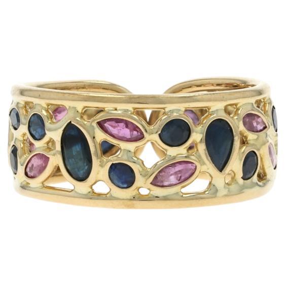 YellowGold Sapphire Ruby Band 18k Pear Marq 2.73ctw Cluster Cocktail Ring Adjust en vente