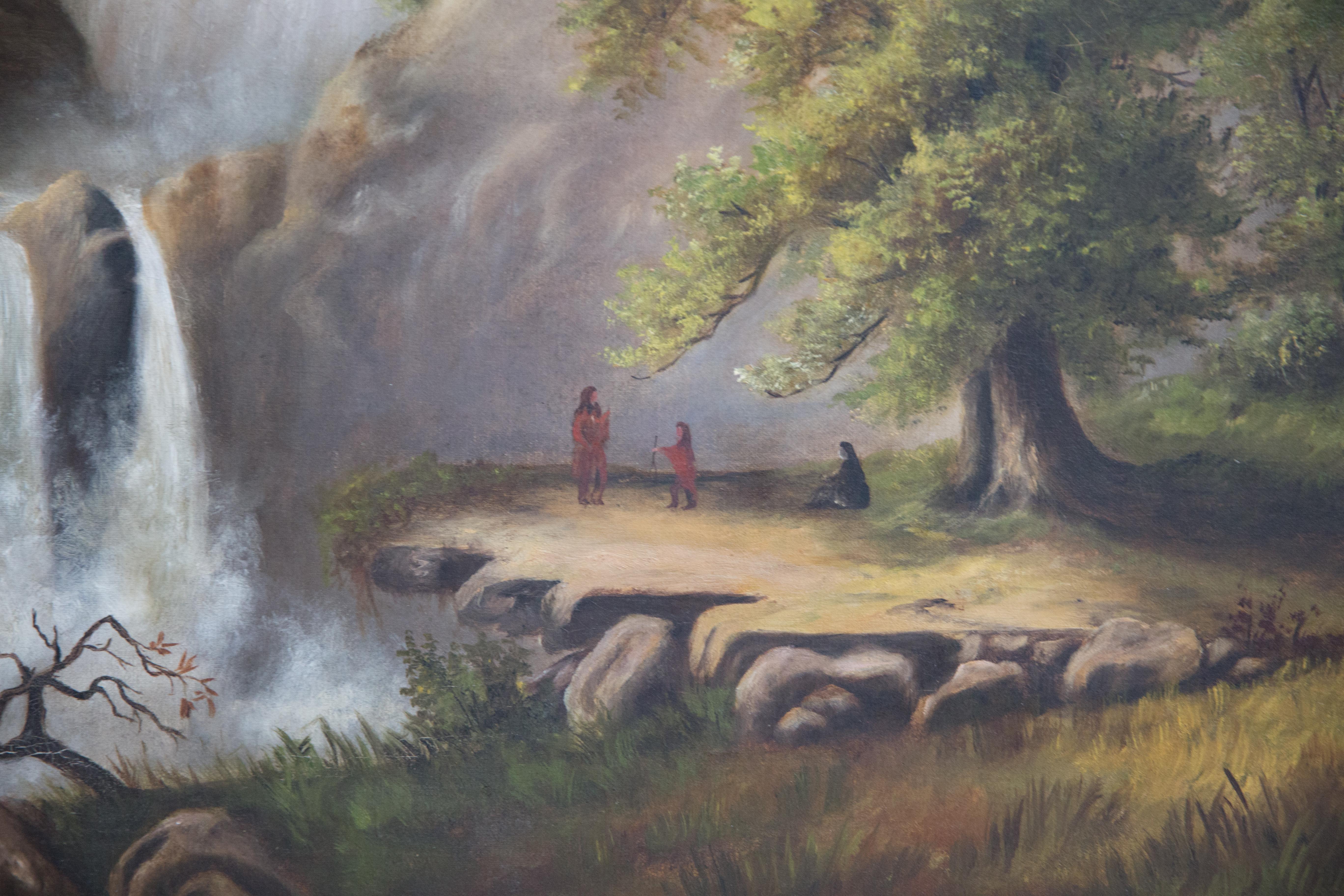 Offered is an antique 19th century large oil painting on canvas depicting the Yellowstone Valley with native Americans standing before a waterfall. The piece is in good condition, canvas without any evident punctures or rips, but with some frame
