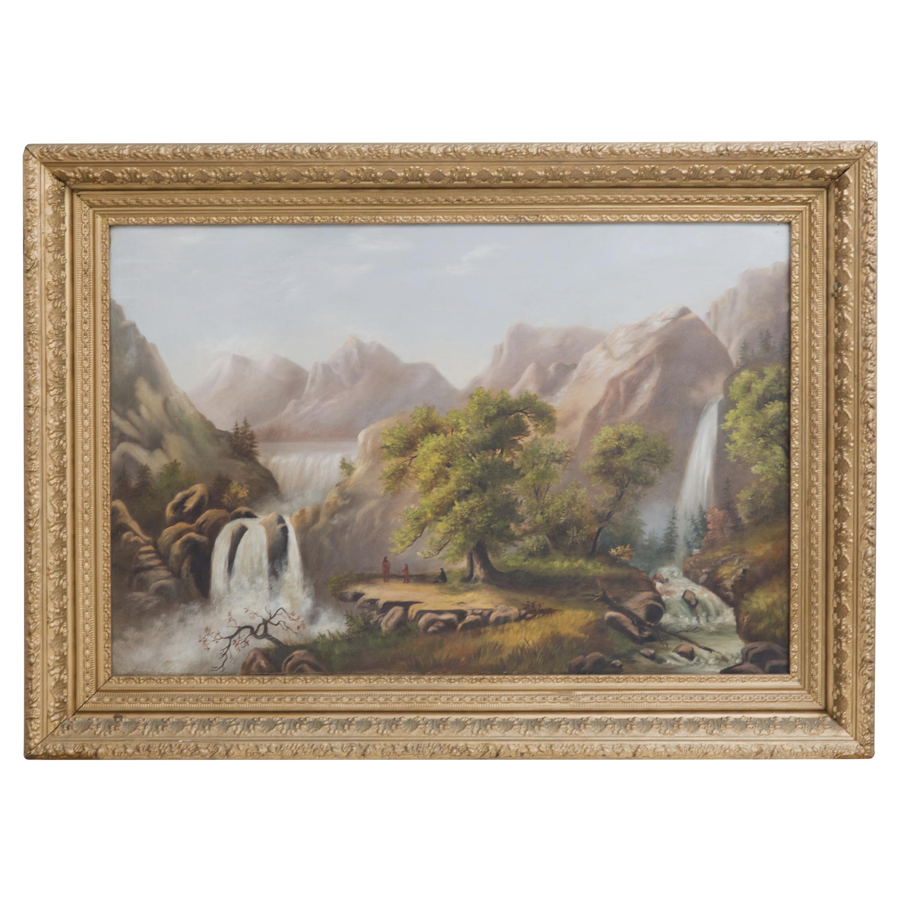 Yellowstone with Native Americans Antique Oil Painting