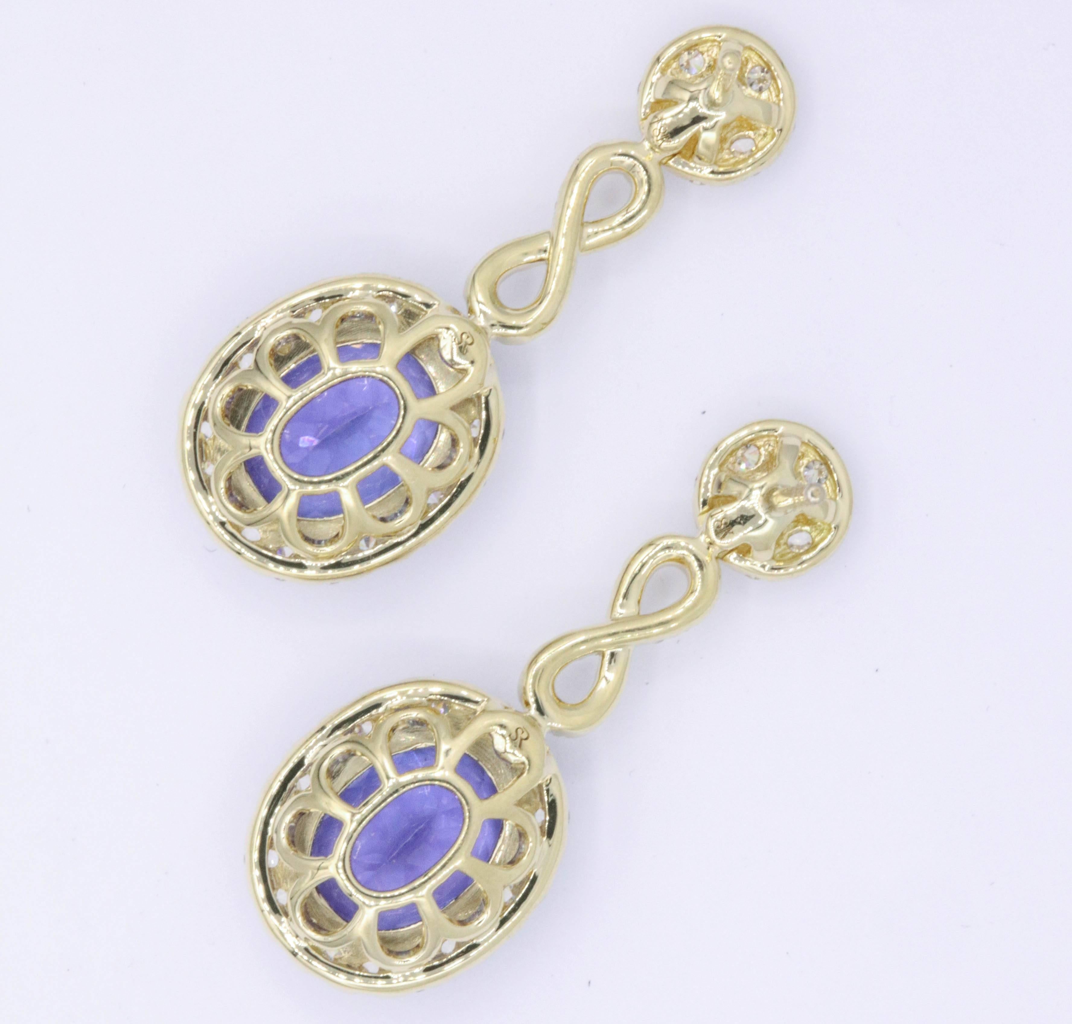 Oval Tanzanite Diamond Drop Earrings 4.43 Carats 18 Karat Yellow Gold  In New Condition In New York, NY