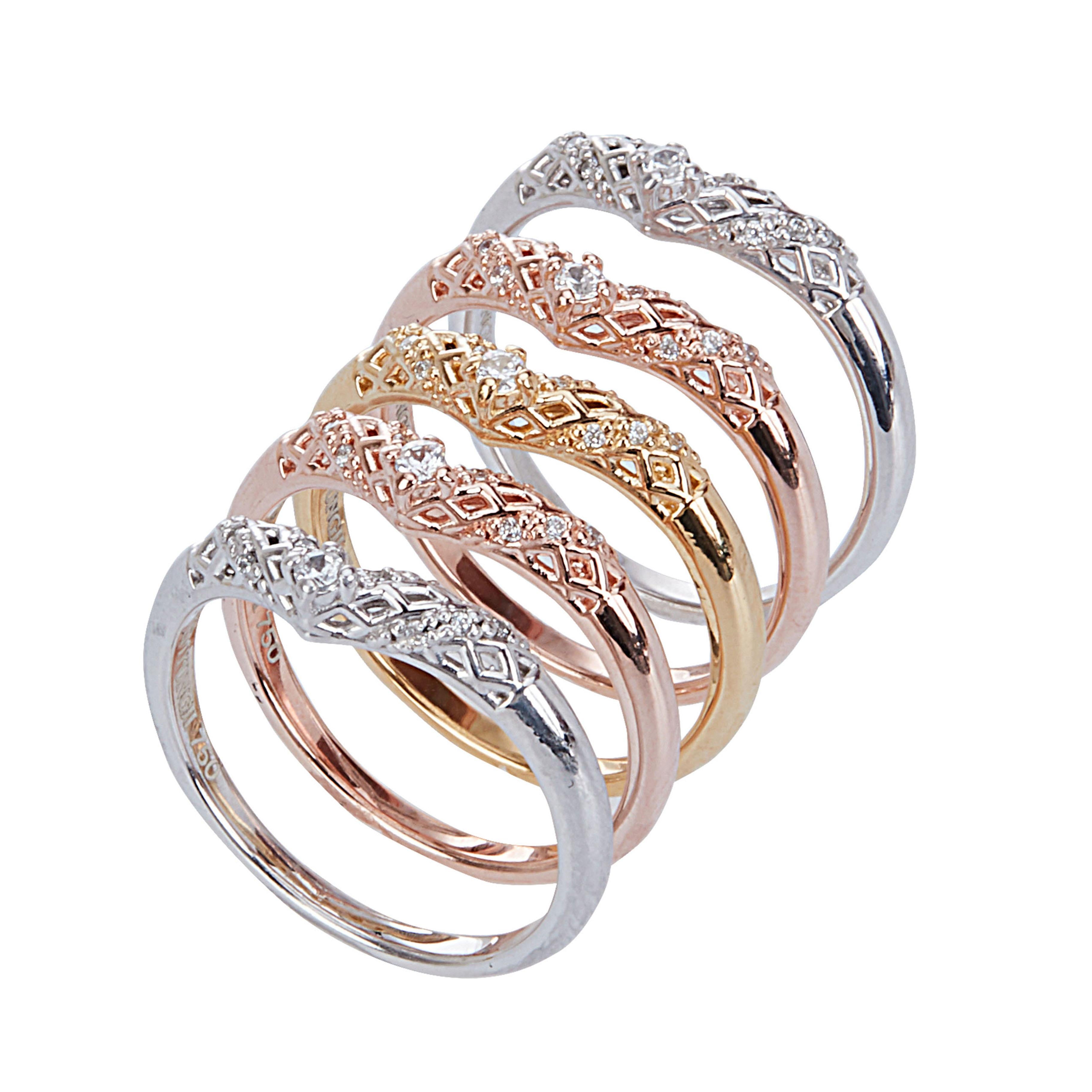 Numerous diamonds and white, yellow, and pink gold colors make a perfect combination to create a variety of looks depending on the wearer's layering. Glowing diamonds are set with her meshwork, adding dignity and delicacy to this unique