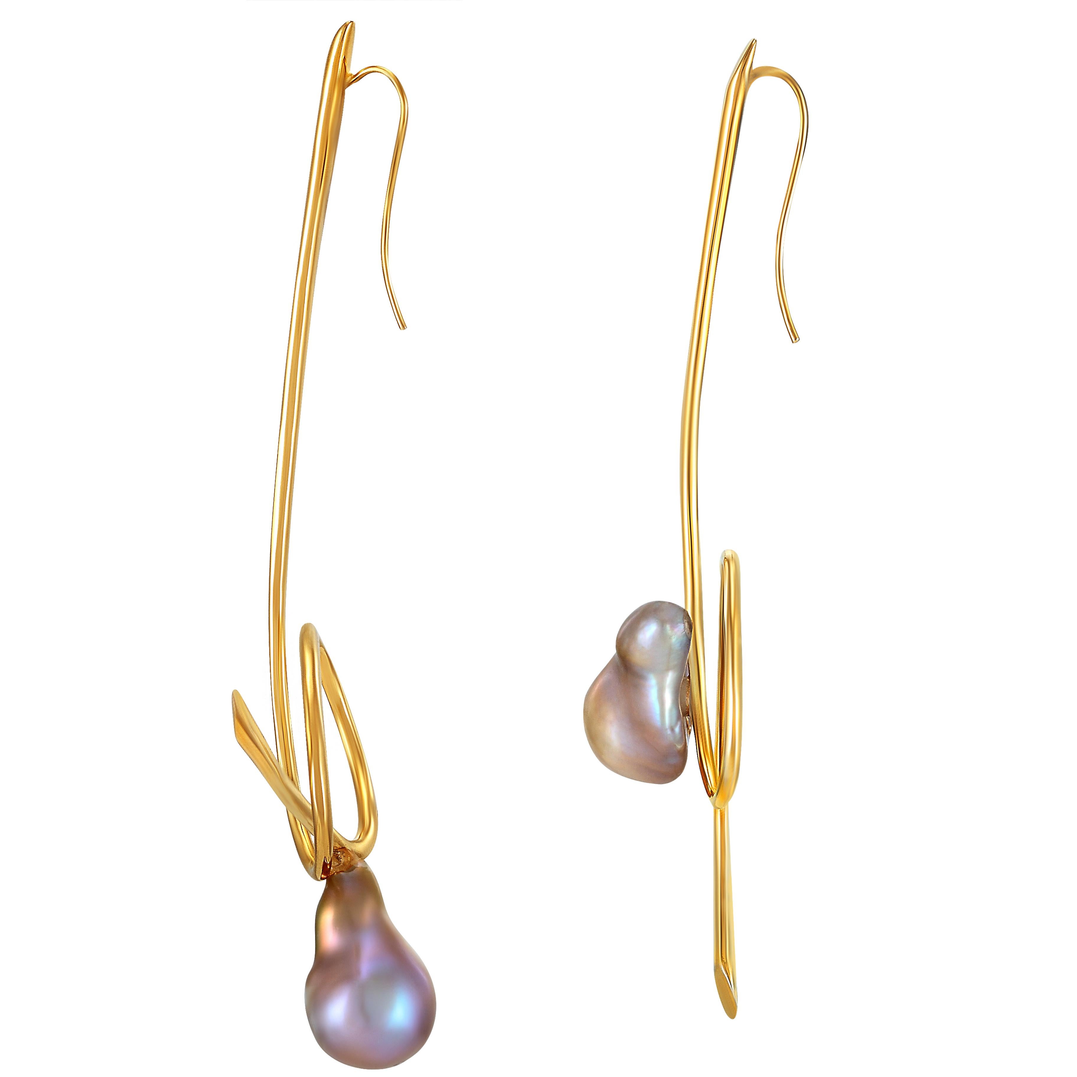 Contemporary Yemyungji Baroque Pearls 18 Karat Yellow Gold Line Drop Earrings For Sale