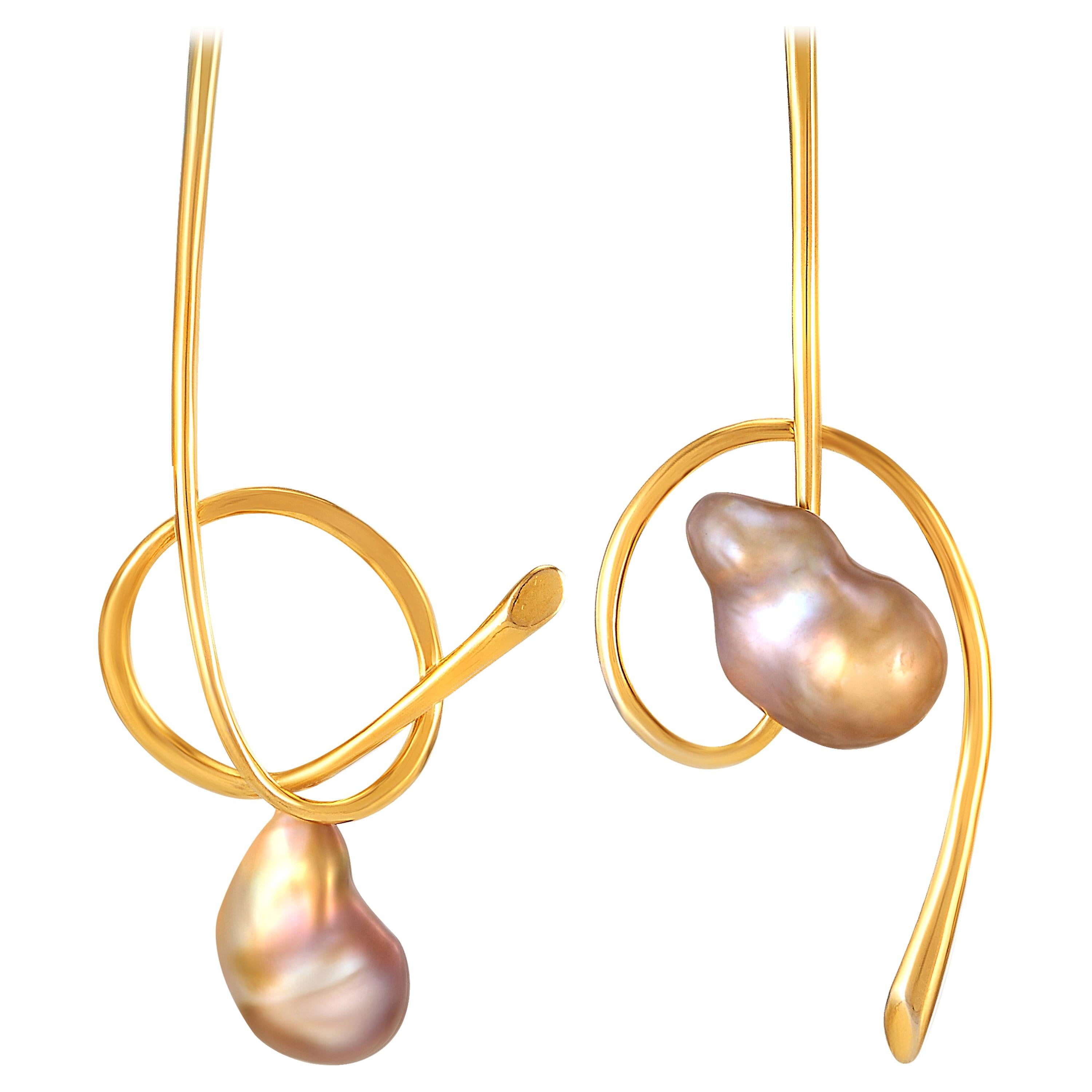 Yemyungji Baroque Pearls 18 Karat Yellow Gold Line Drop Earrings For Sale