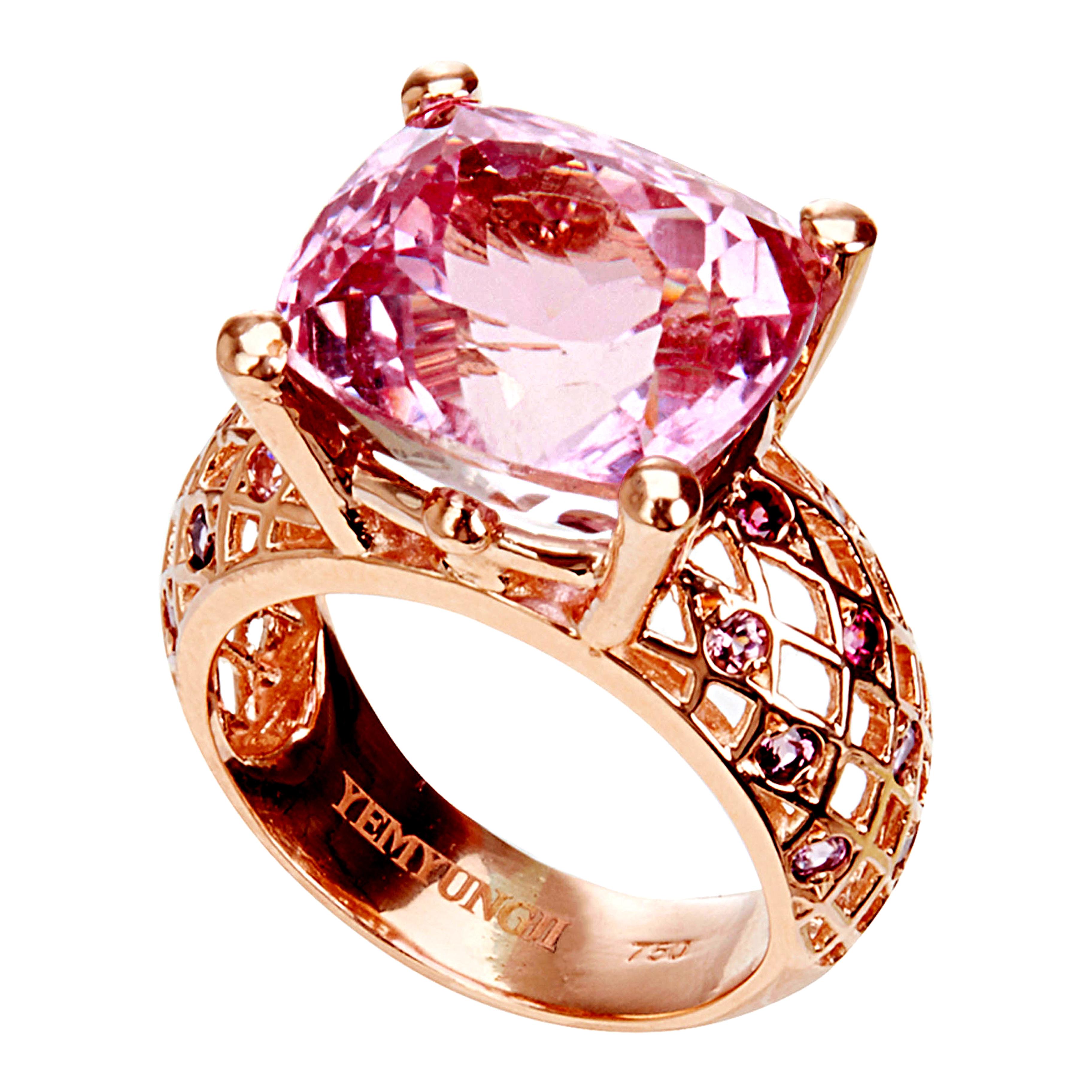 This striking ring by YEMYUNGJI is both unique and elegant. At the forefront of this piece is a vibrant pink-colored Kunzite; to achieve its unique and luxurious hue. The rich pink color of this color stone can reach perfection with the sparkle of