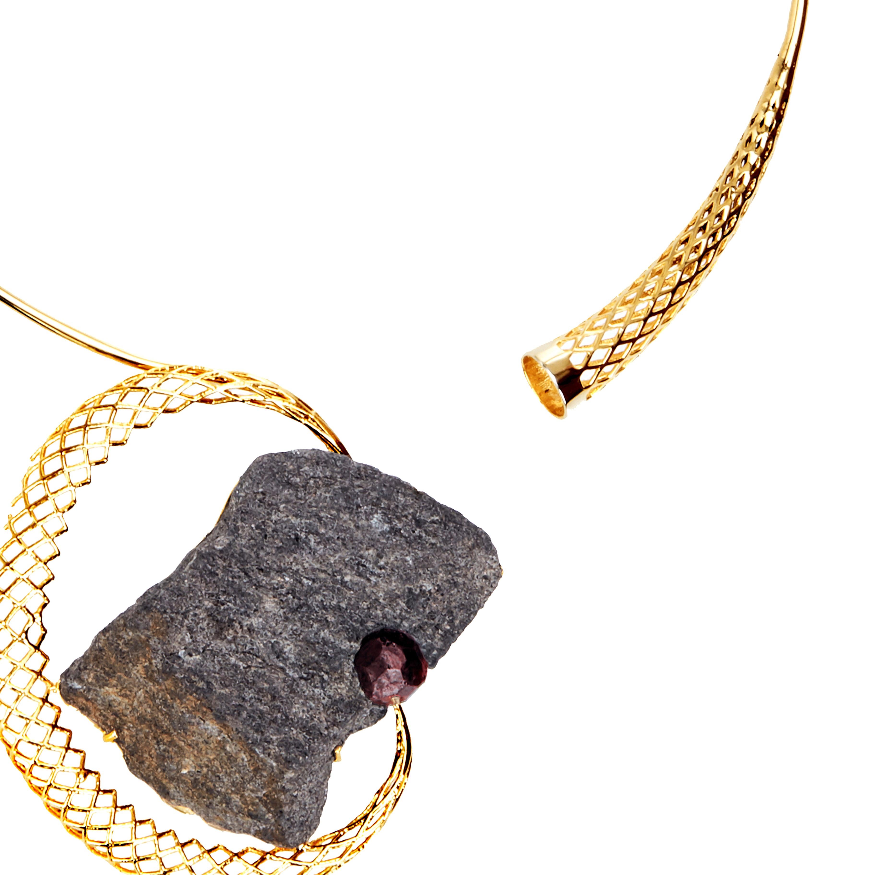Yemyungji Mineral Collection Almandite Garnet 18K Gold Great Impact Necklace

For her latest Mineral collection, she took components created with the meshwork and mixed them with a series of gemstones and minerals, some in natural rough form, to