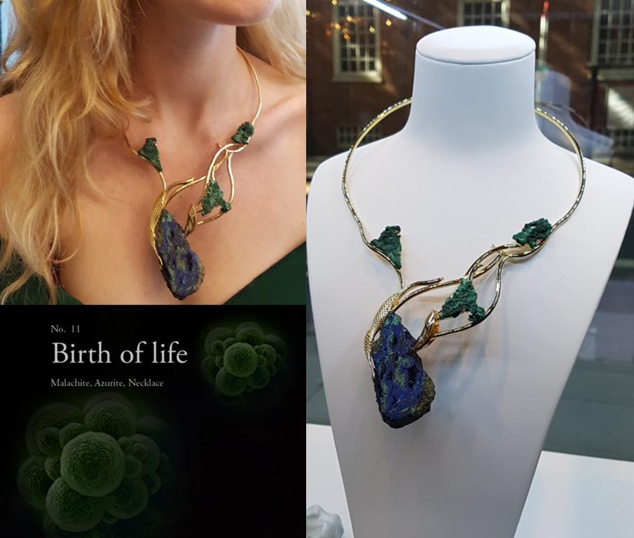 Yemyungji Mineral Collection Malachite 18K Yellow Gold Birth of Life Necklace For Sale 10