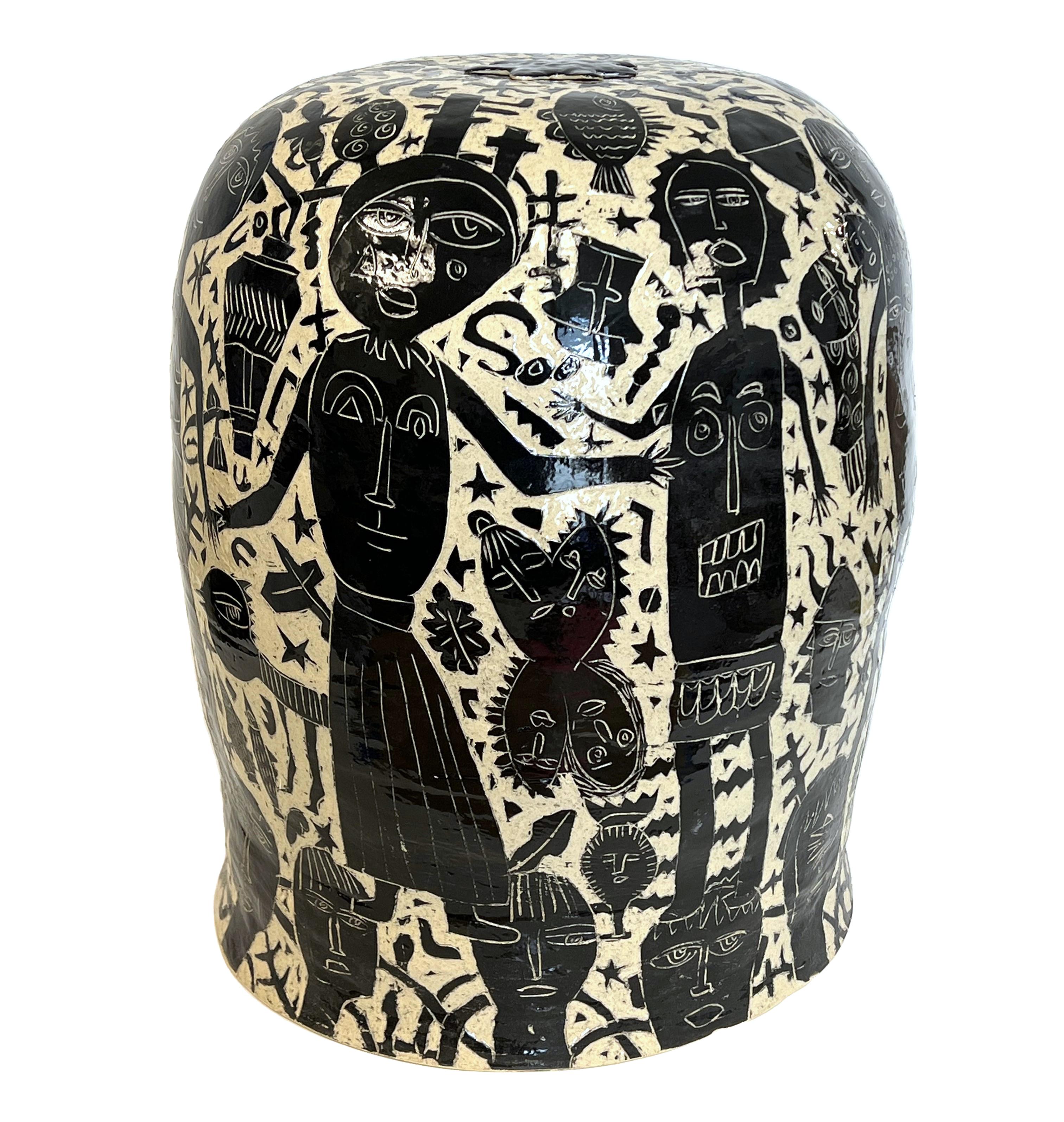 "Feel Your Blue Sky" Large Black & White Stoneware Jar with Figurative Elements - Sculpture by Yeonsoo Kim