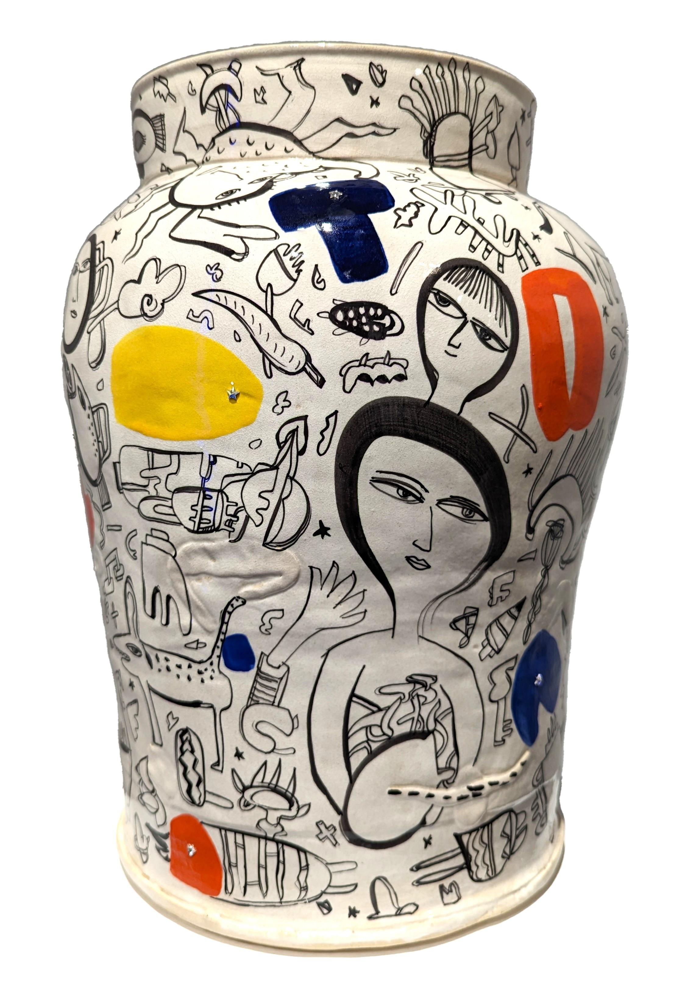 "Listening" White, Orange, Blue, & Yellow Stoneware Jar with Figurative Elements