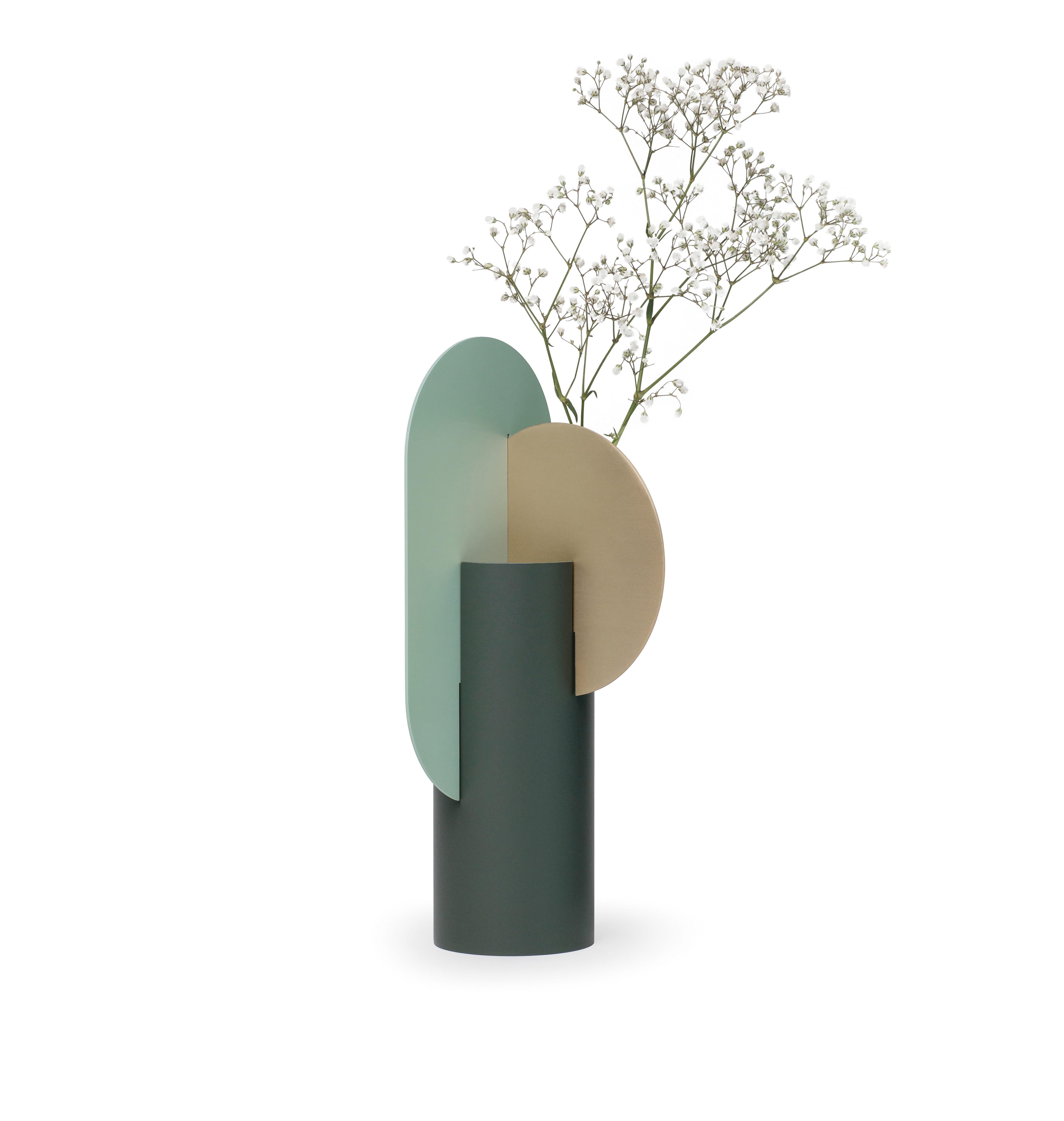 Yermilov vase CS2 by NOOM
Dimensions: 15 cm x 17.5 cm x H 37 cm
Materials: Brass, painted steel. Color scheme: pine green, sage green, and brass. 
Each NOOM product comes in a premium gift box. 

NOOM is a young rapidly growing design company