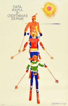 Affiche rétro originale de sport soviétique, famille de ski, URSS, Sport d'hiver