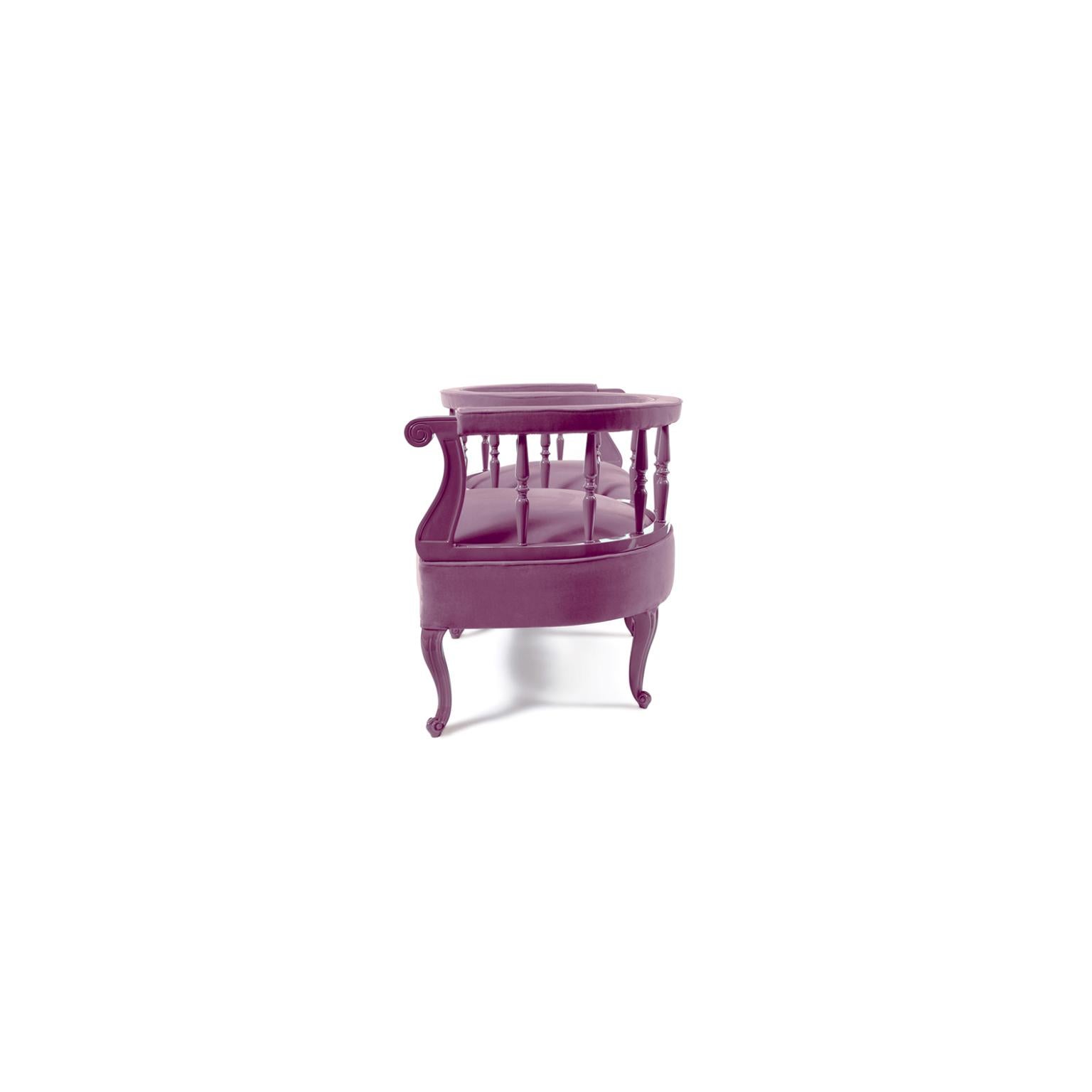 Yes No Maybe So Conversation Sofa by Munna
Dimensions: D 70 x W 146 x H 76 cm. SH: 45 cm.
Materials: Wood, foam, and upholstery.
Finish: Cotton Velvet, ref. Lilac CV15, and Lilac gloss lacquer legs.

Available in all Munna fabrics except Wild Silk.
