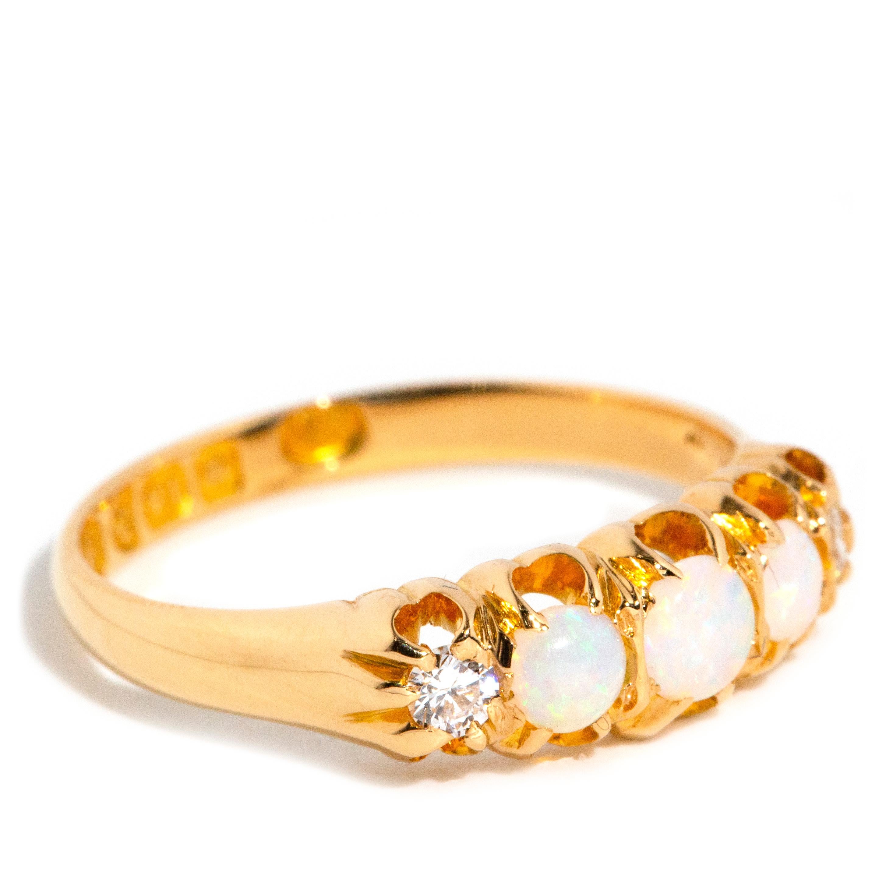Victorian Yesenia 1902 Antique Round Opal & Diamond Hallmarked Ring 18 Carat Yellow Gold
