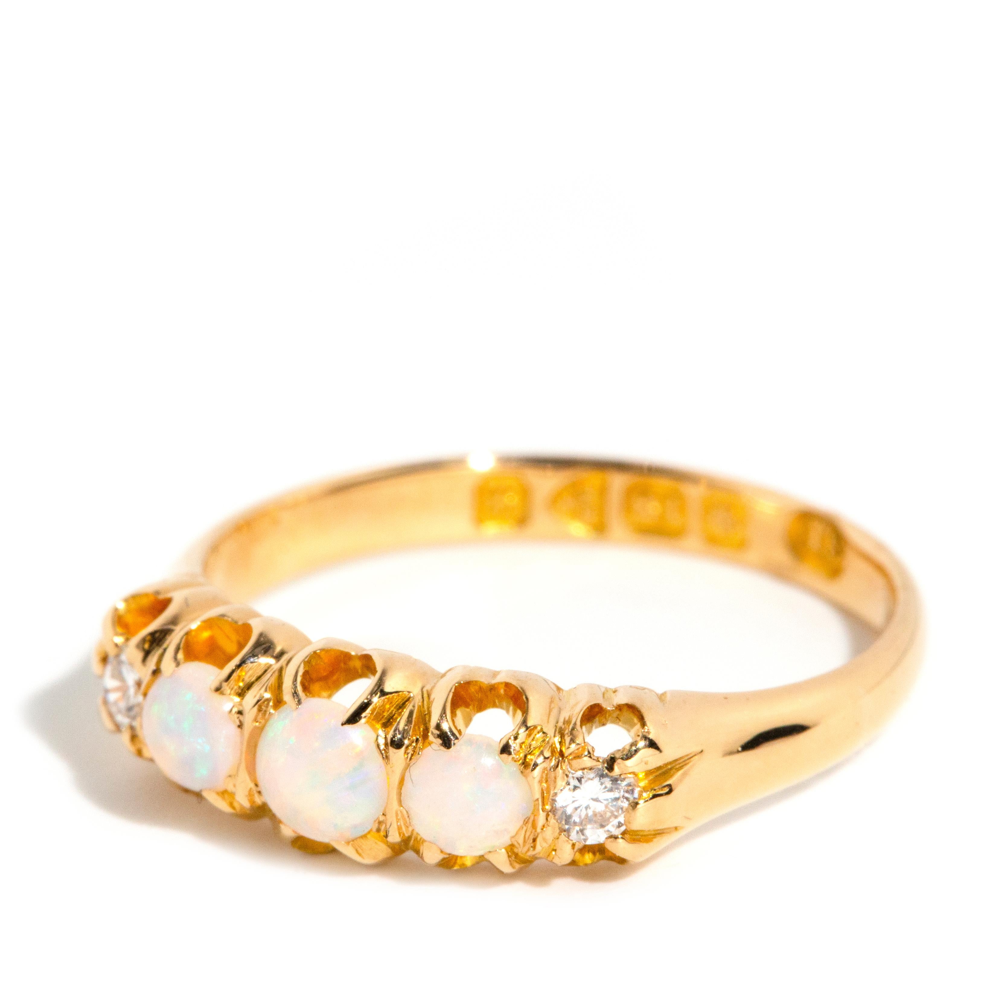 Yesenia 1902 Antique Round Opal & Diamond Hallmarked Ring 18 Carat Yellow Gold In Good Condition In Hamilton, AU