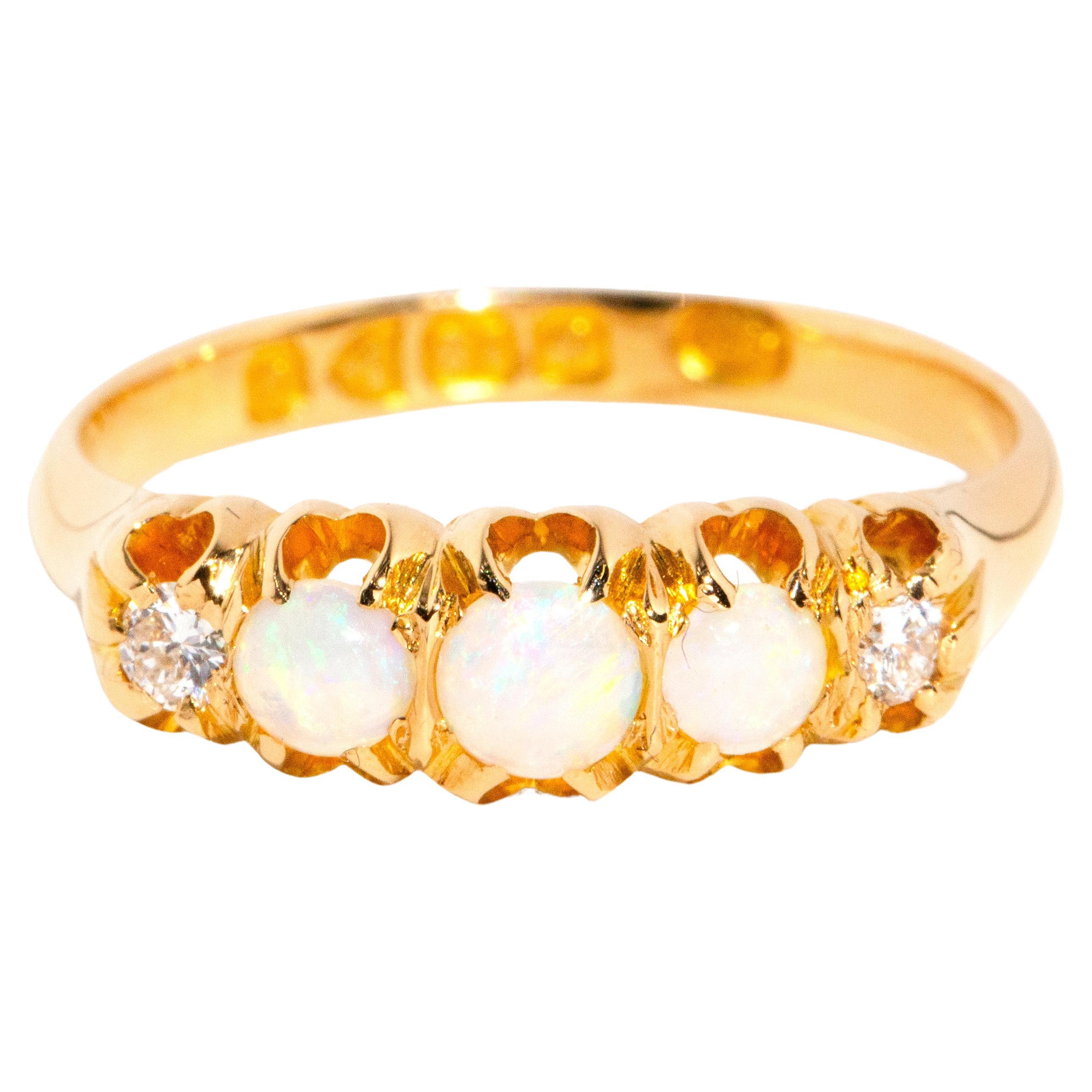 Yesenia 1902 Antique Round Opal & Diamond Hallmarked Ring 18 Carat Yellow Gold
