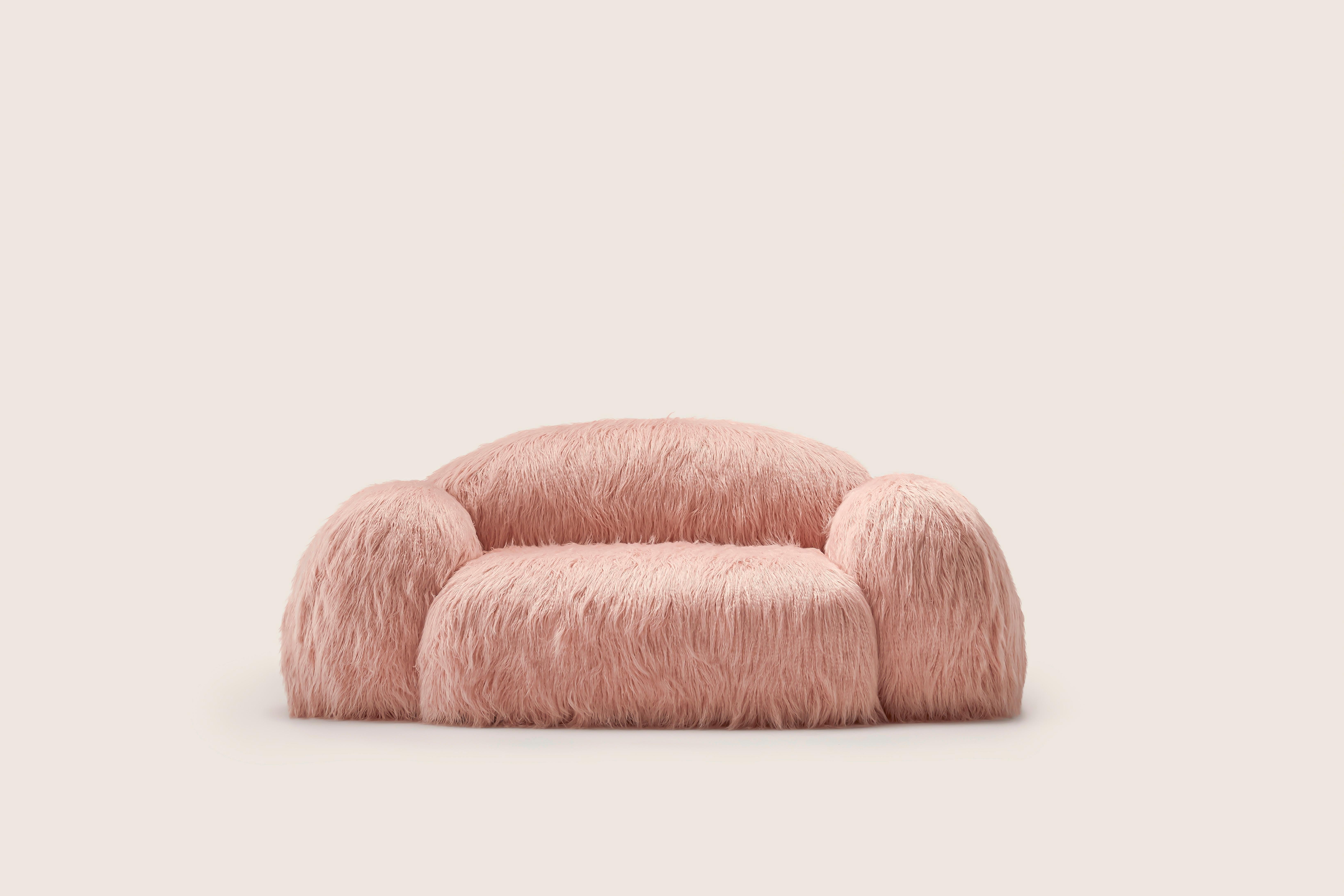 Yeti sofa by Vladimir Naumov
Dimensions: W 202 x D 110 x H 82 cm
Materials: Mongolia fur, pine wood structure, plywood and tablex, foam cmhr (high resilence and flame retardant) sculpted beech wooden legs
Also available in pink, beige, black and