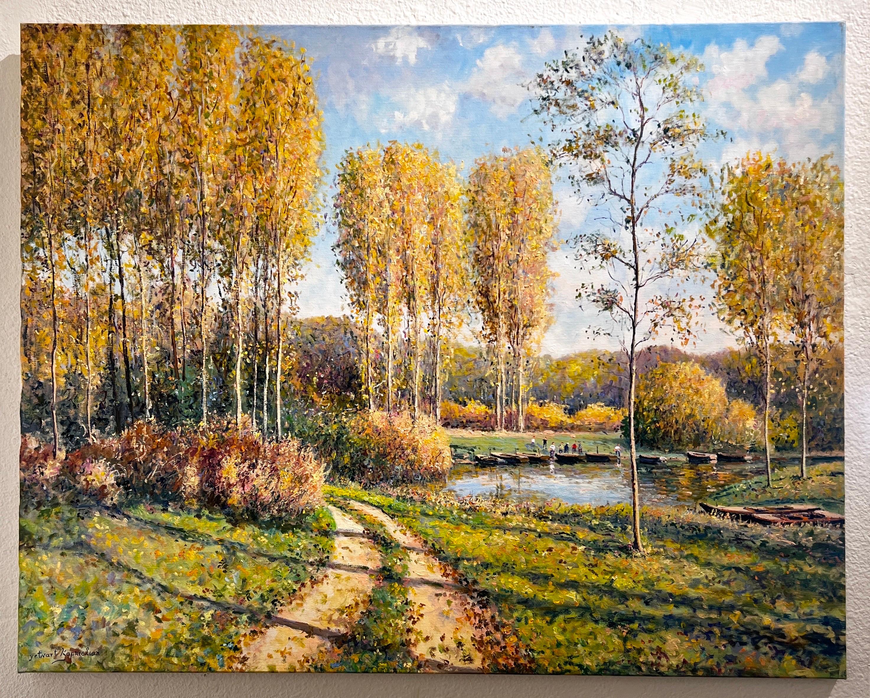 The painting is signed lower left. Title: Les Marais de St. Quentin d'Ecourt

In this captivating oil painting, Yetvart showcases his mastery of Impressionist techniques, which have become his signature style. The canvas depicts 