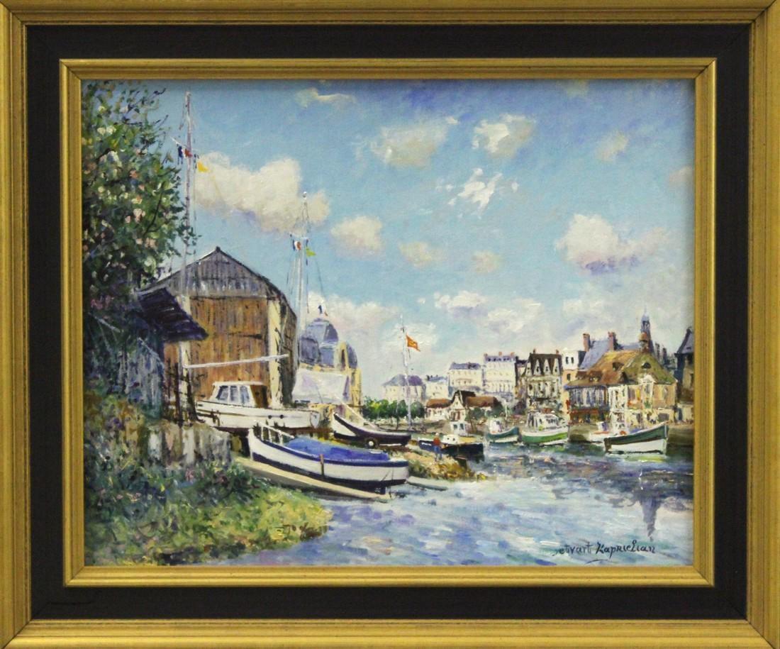 Landscape Painting de Yetvart Kaprielian - Port et le Chantier Naval Trouville sur Mer-Oleo sobre lienzo firmado, viene con COA