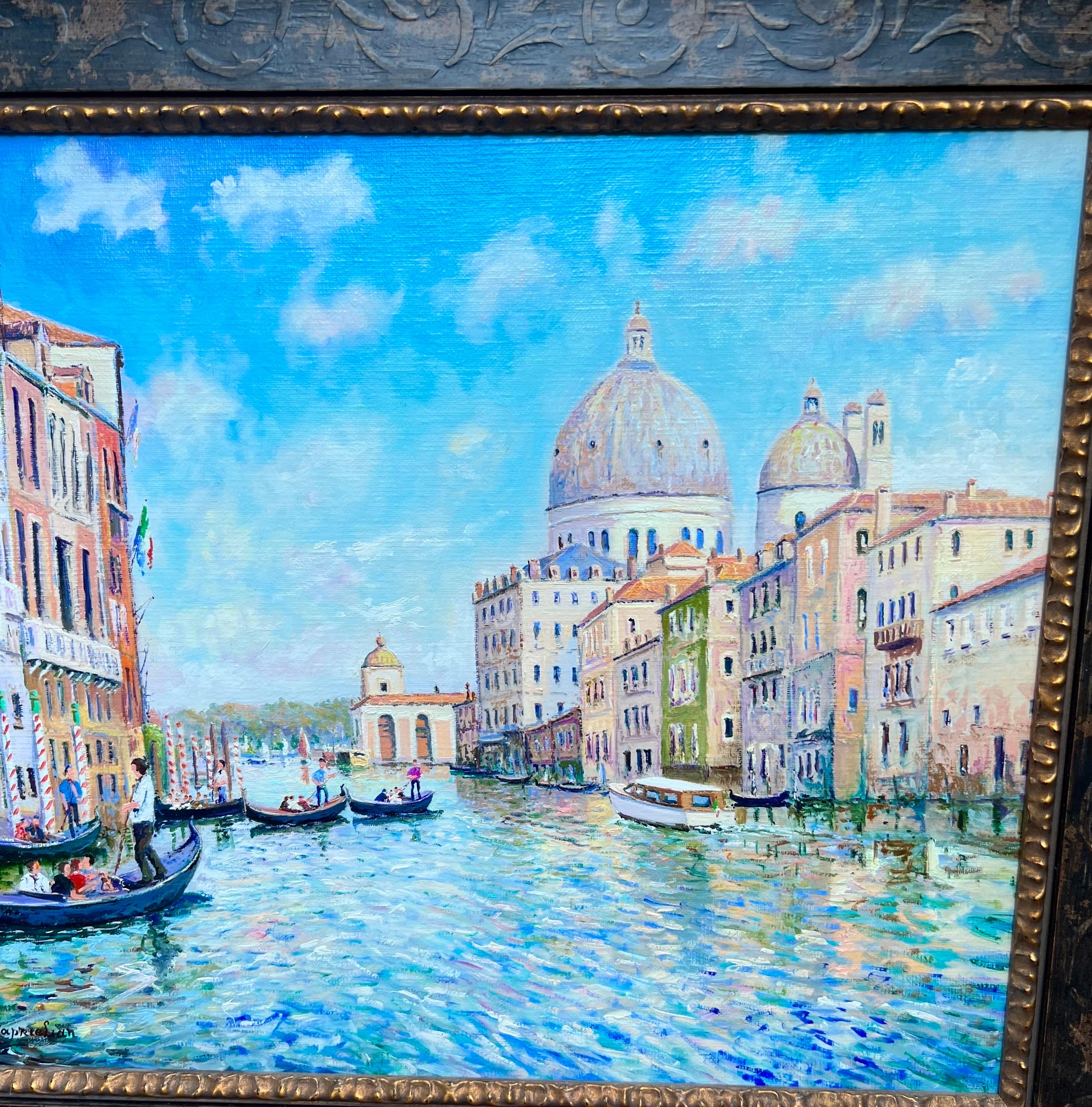Signed lower left and titled back of canvas. Oil painting on canvas and framed. 
Venice canal scene. 