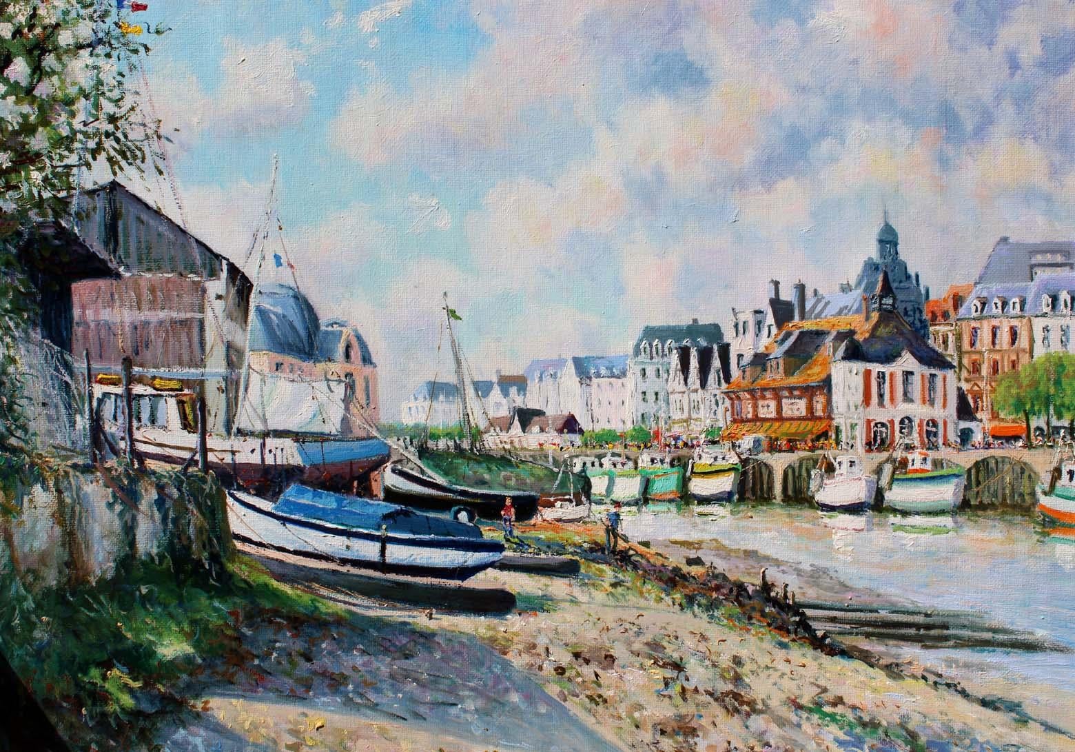 Trouville sur Mer at low tide and the Shipyard. - Gray Landscape Painting by Yetvart Kaprielian