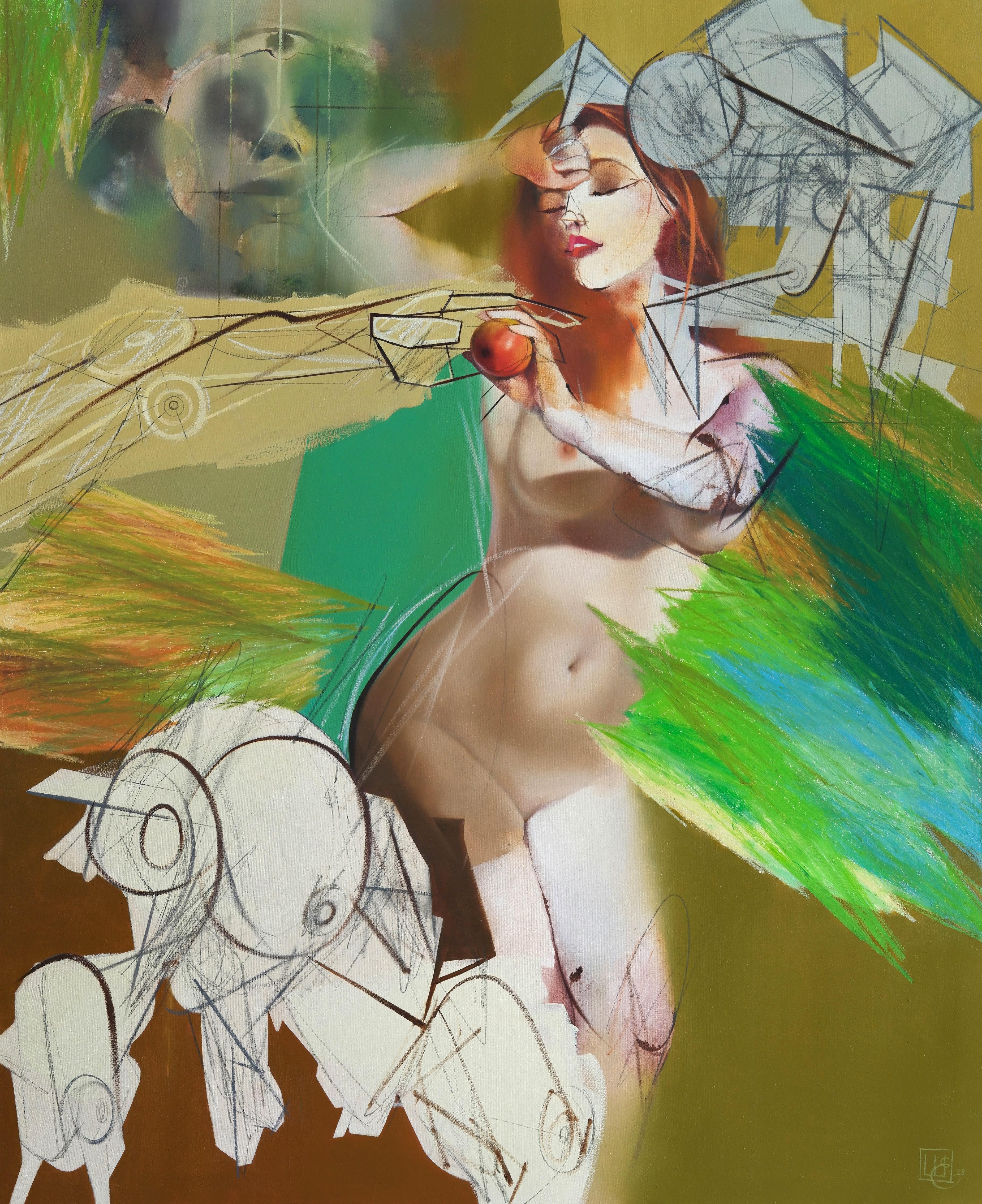 "Génesis" Pintura al óleo abstracta desnuda 63" x 51" pulgadas por Yevhenii Shapovalov