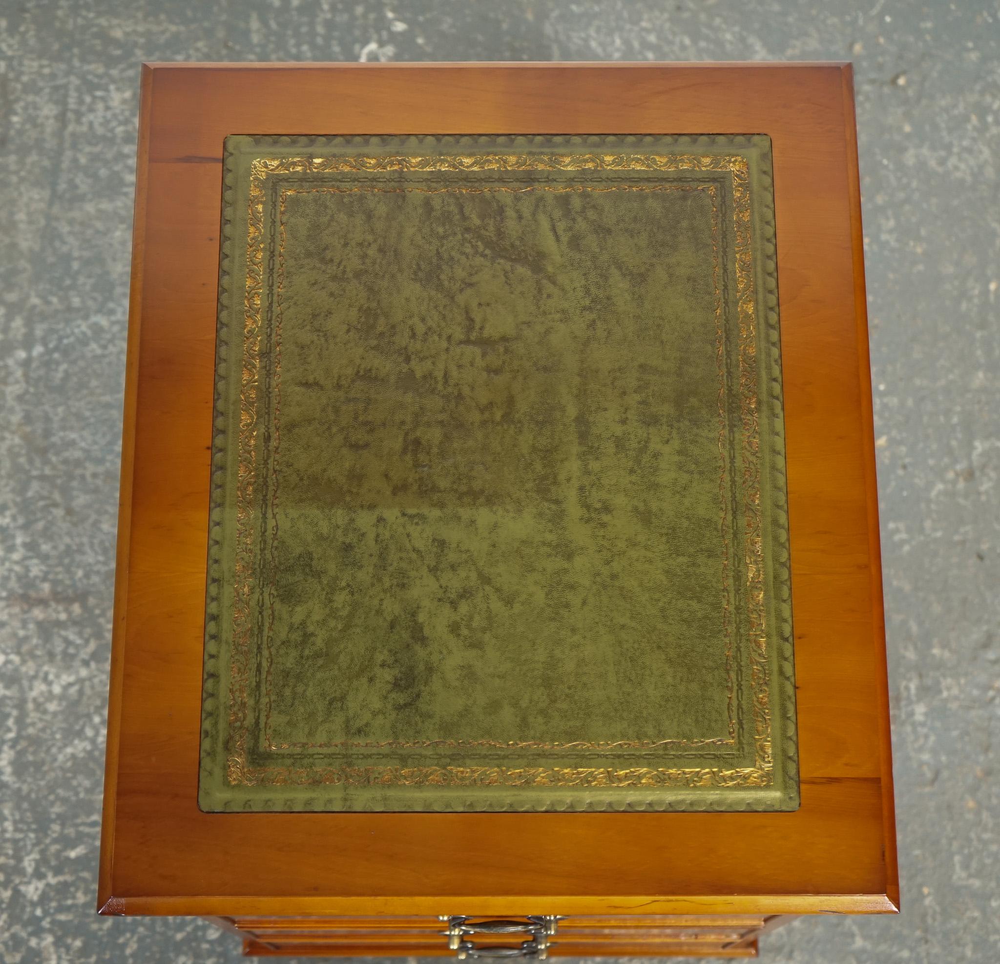 Leather YEW GOLD EMBOSSED GREEN LEATHER TOP FILLING CABINET MADE BY BRiGHTS OF NETTLEBED For Sale
