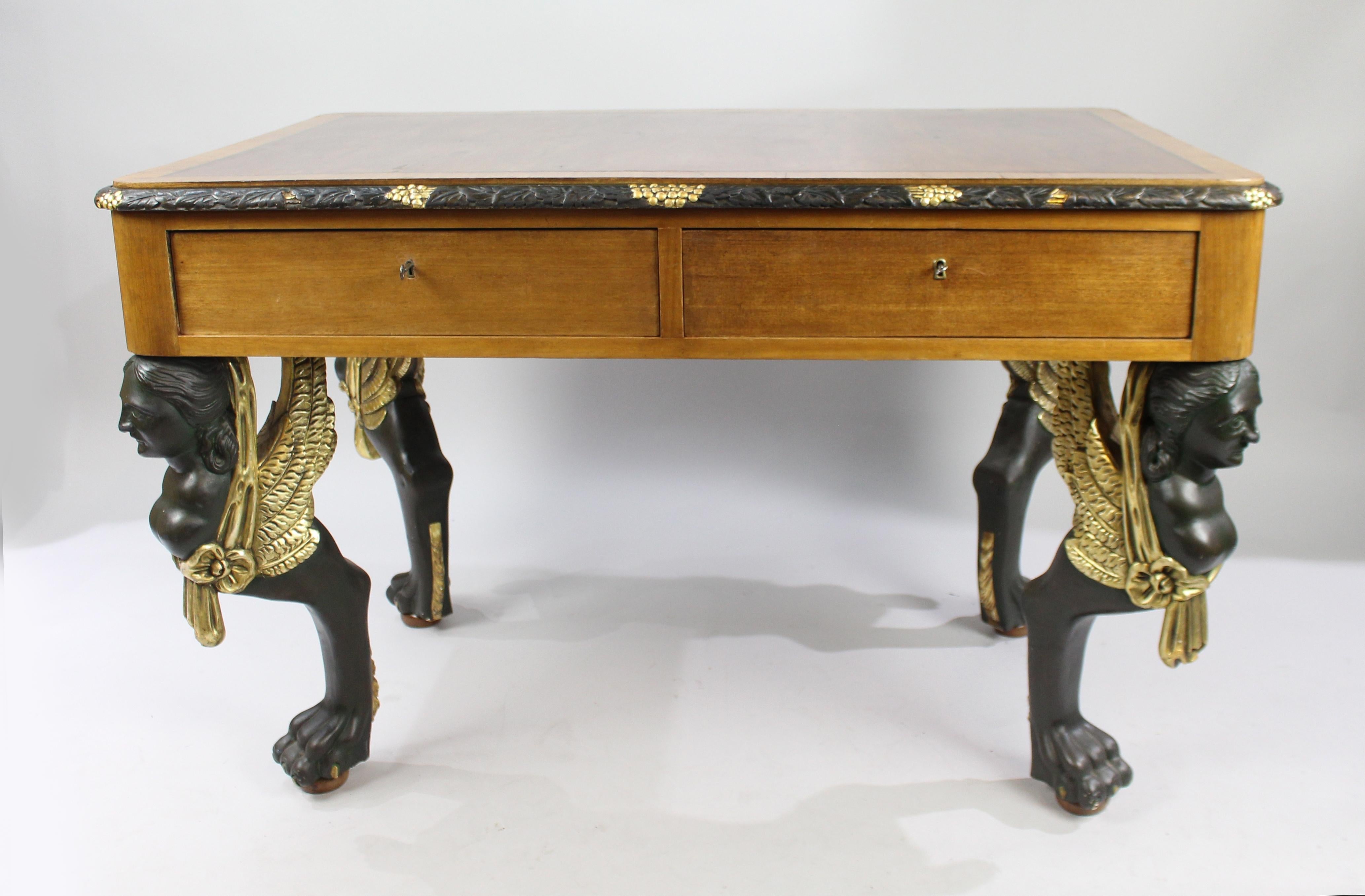 European Yew Library Table with Carved Monopodium Legs For Sale
