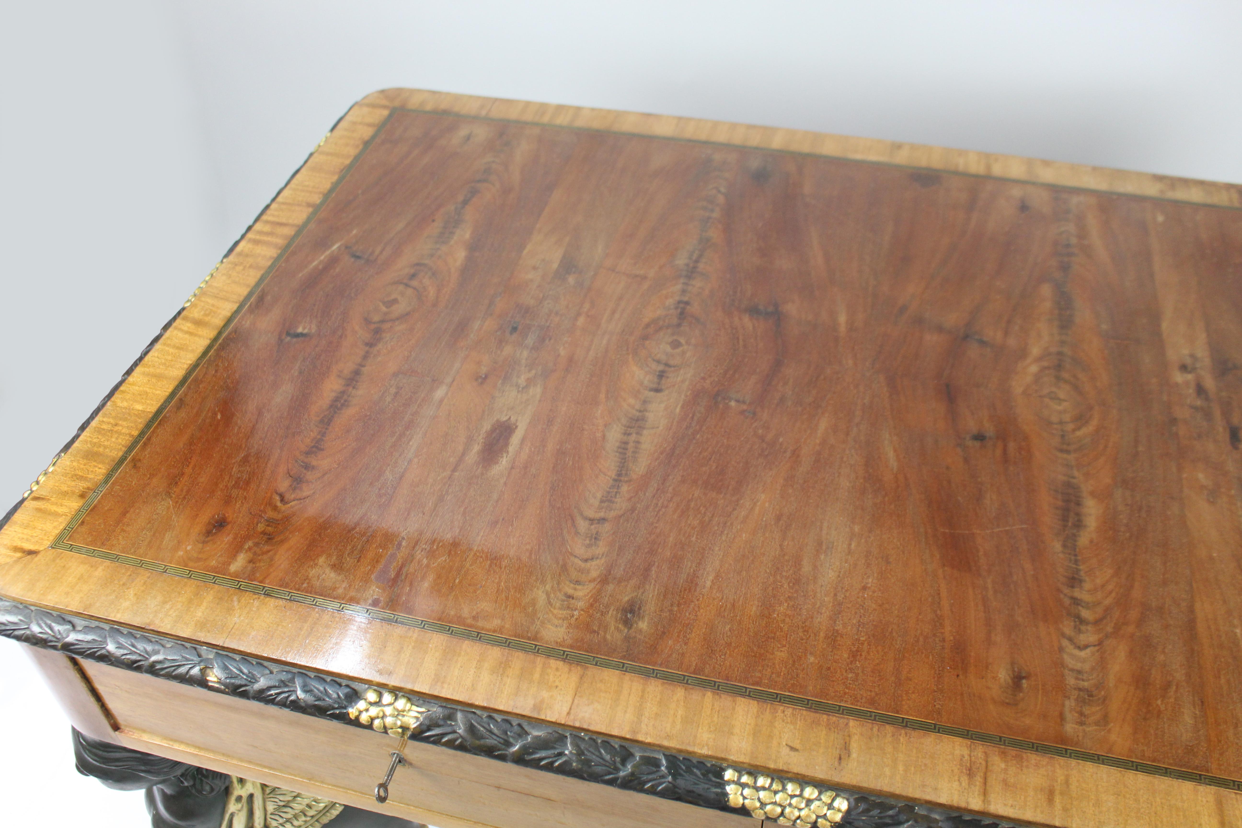 20th Century Yew Library Table with Carved Monopodium Legs For Sale