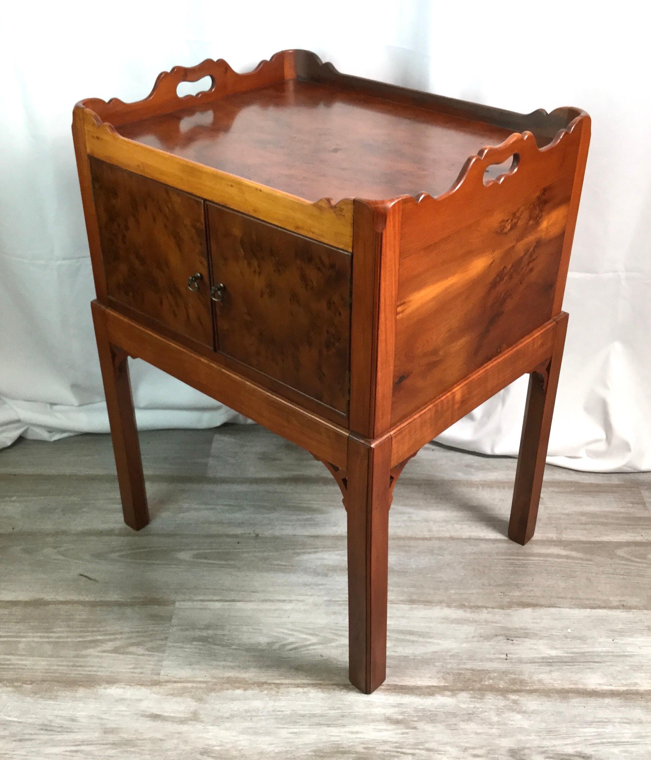 English Yew Wood Cabinet on Frame with Gallery Top For Sale