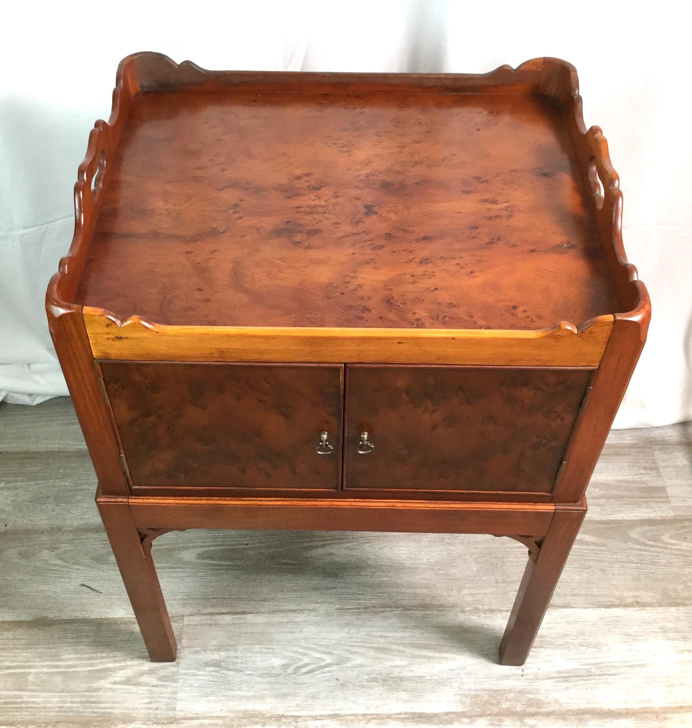 Yew Wood Cabinet on Frame with Gallery Top In Excellent Condition For Sale In Lambertville, NJ
