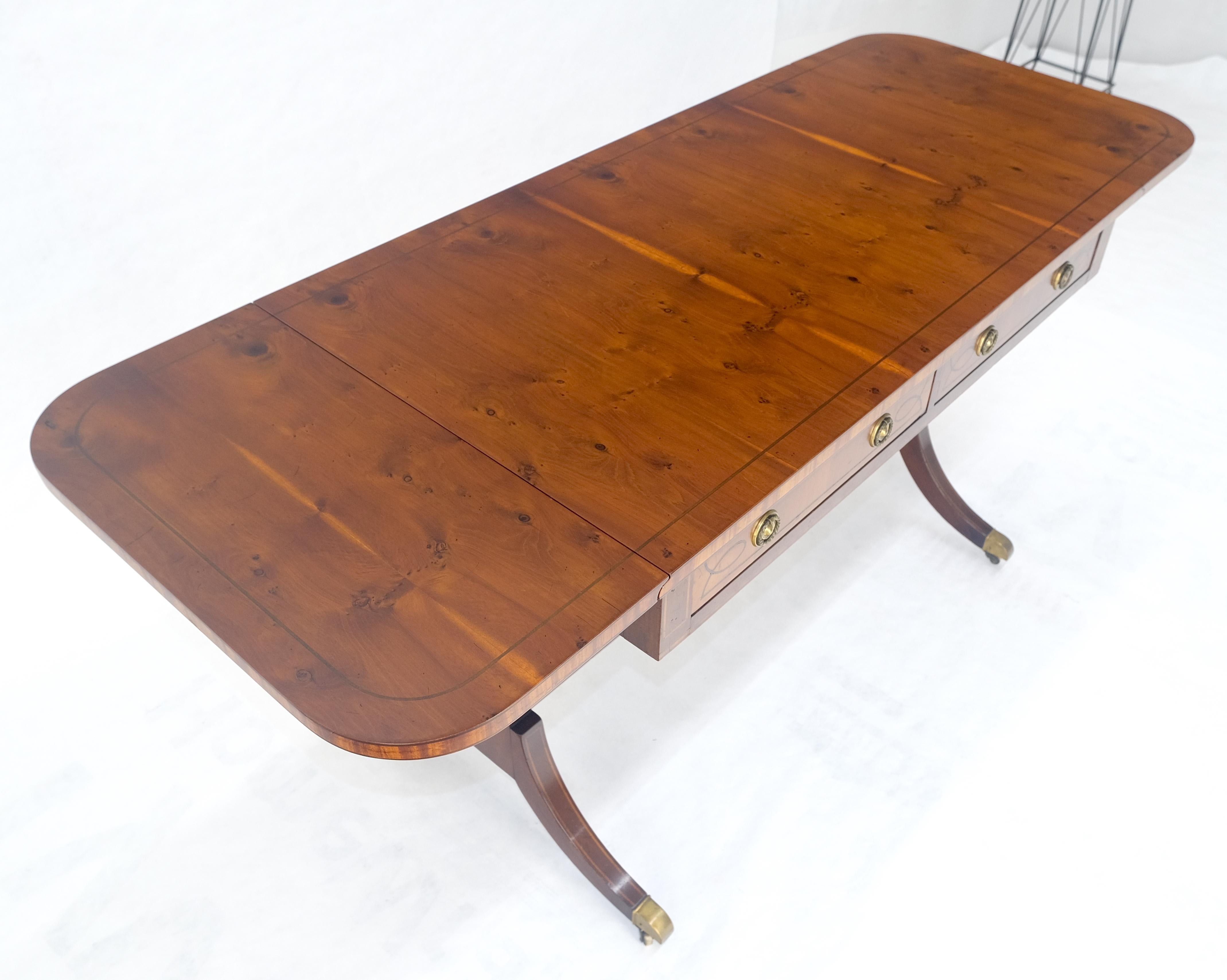 Yew Wood Drop Leaves Two Drawers Low Profile Brass Feet Desk Console Table MINT For Sale 3