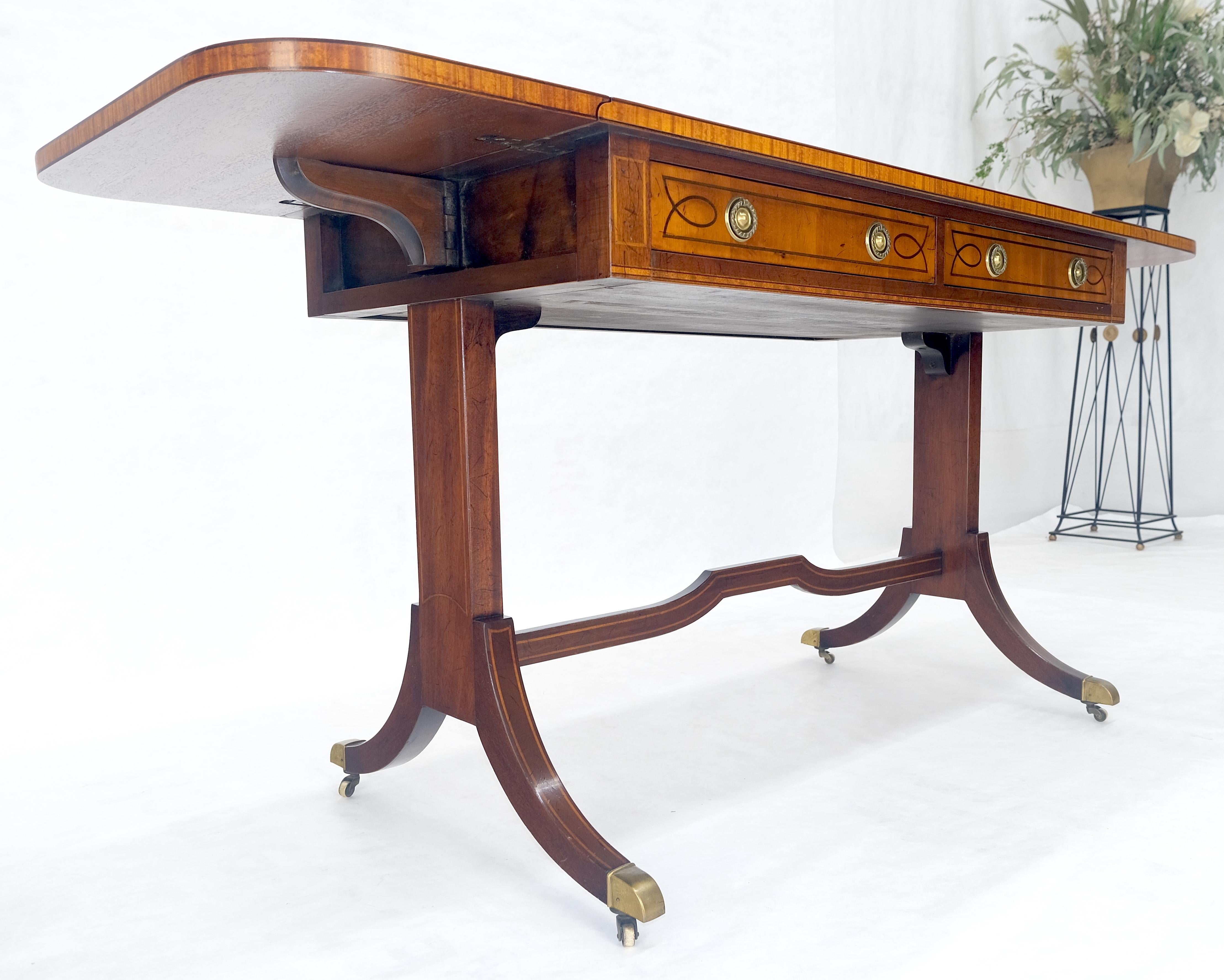 Yew Wood Drop Leaves Two Drawers Low Profile Brass Feet Desk Console Table MINT For Sale 4