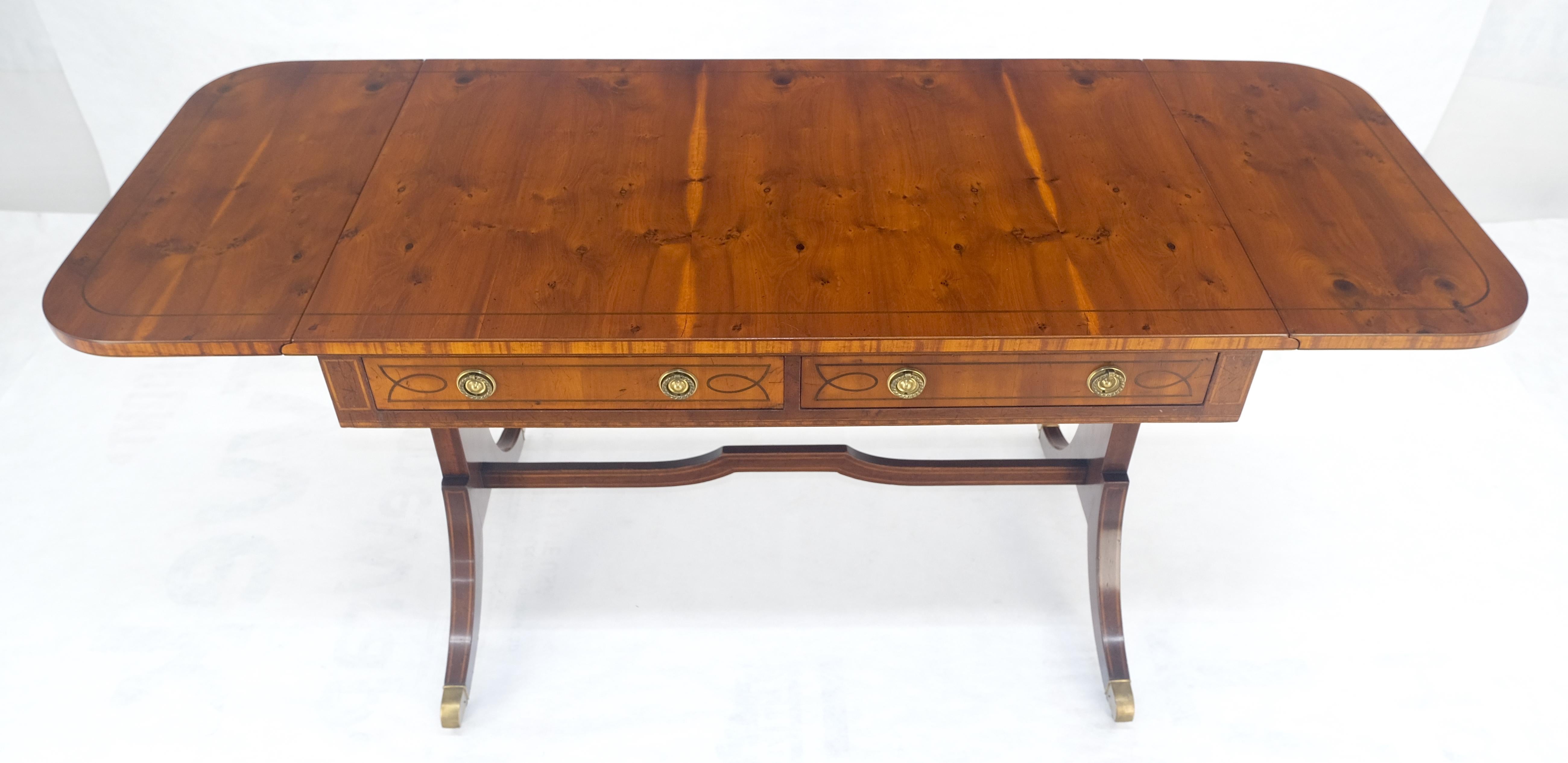 Yew Wood Drop Leaves Two Drawers Low Profile Brass Feet Desk Console Table MINT For Sale 5