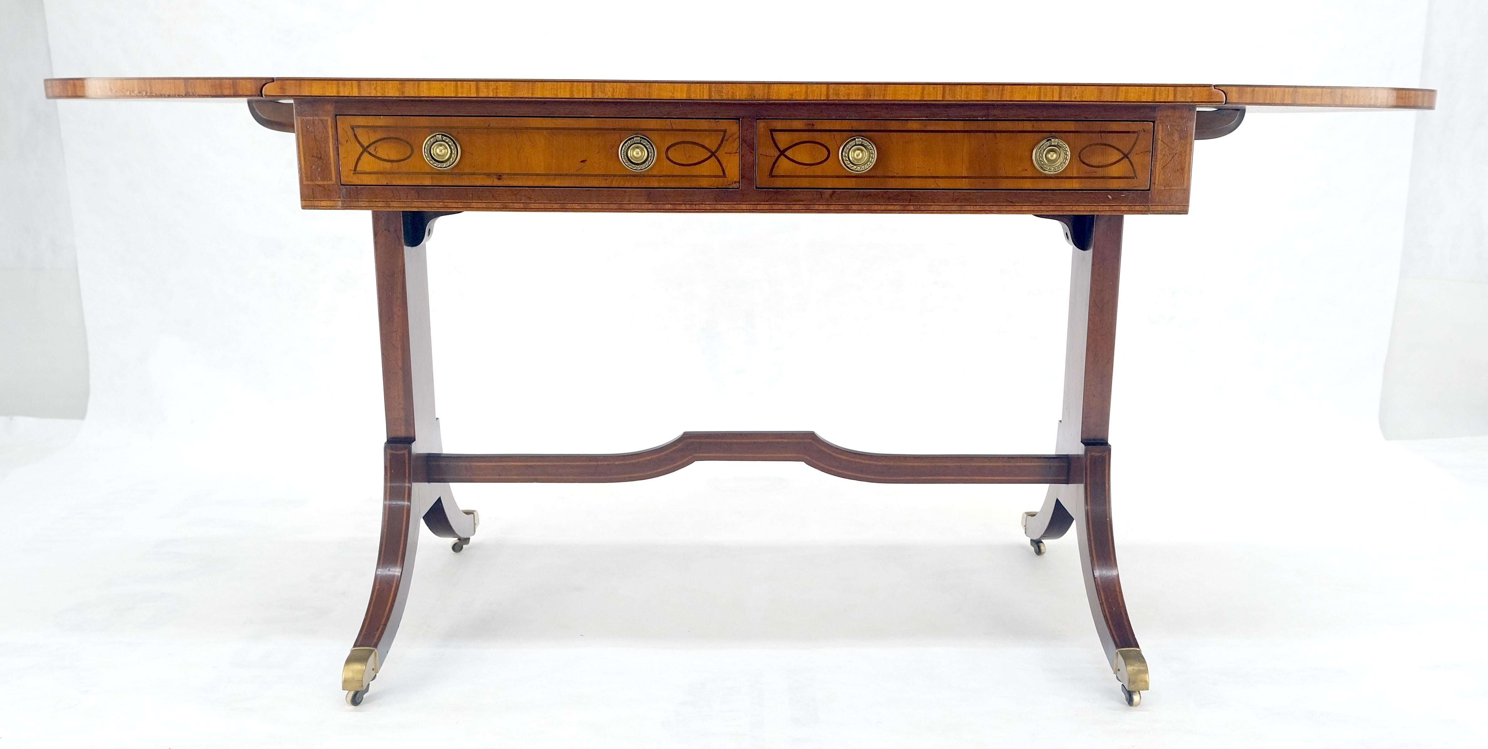 Yew Wood Drop Leaves Two Drawers Low Profile Brass Feet Desk Console Table MINT For Sale 6