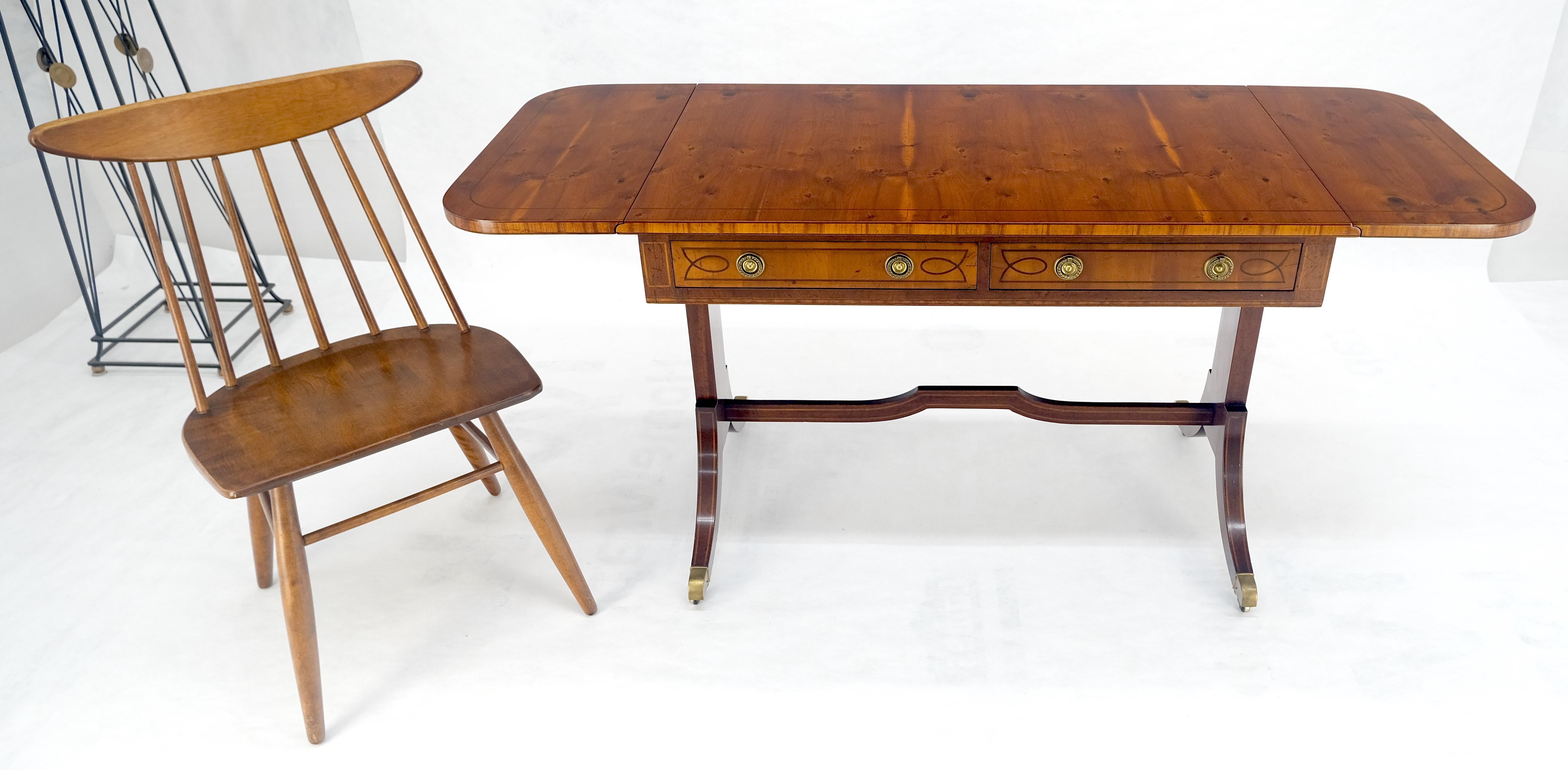 Yew Wood Drop Leaves Two Drawers Low Profile Brass Feet Desk Console Table MINT For Sale 7