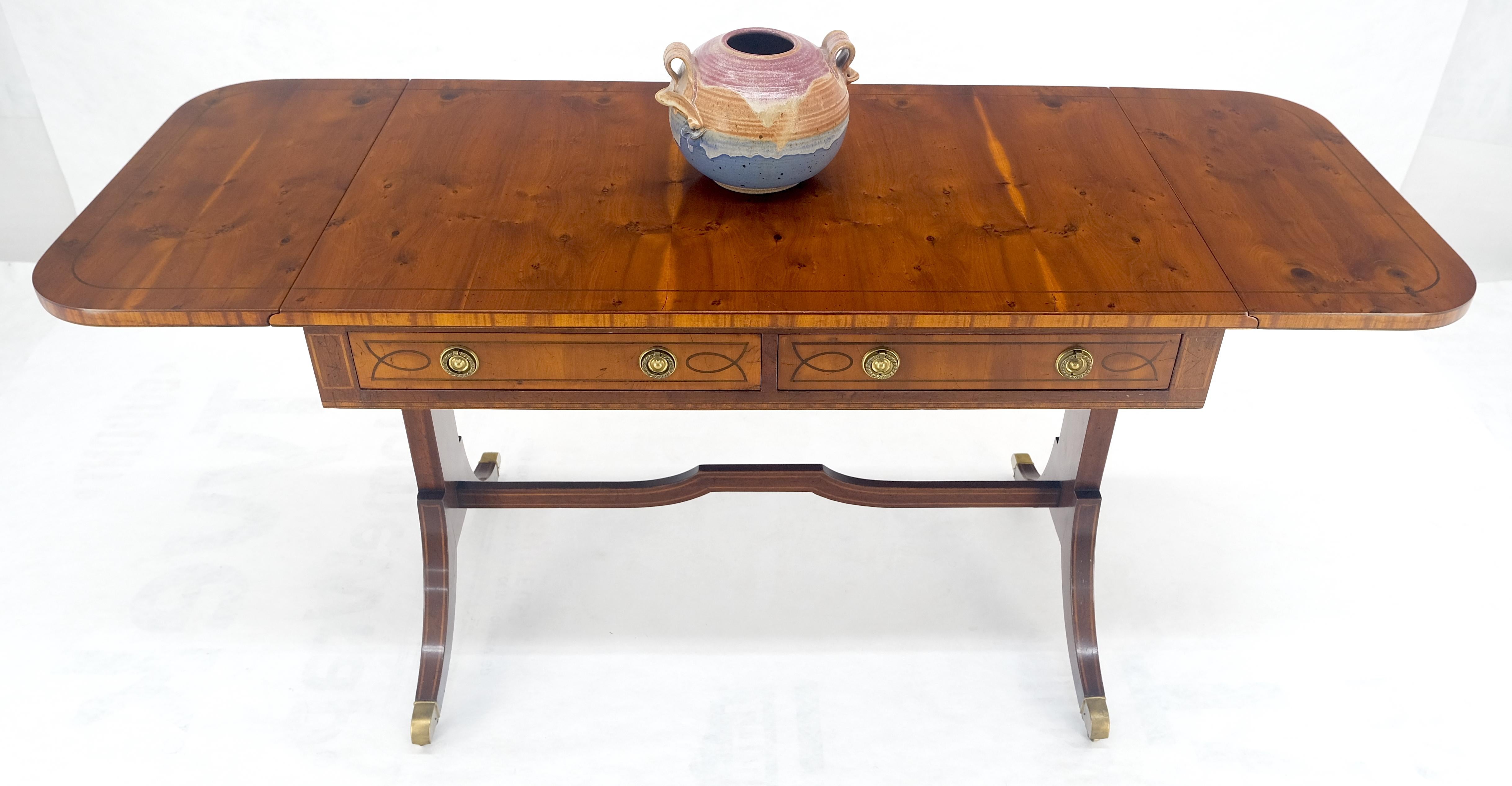 Yew Wood Drop Leaves Two Drawers Low Profile Brass Feet Desk Console Table MINT For Sale 8