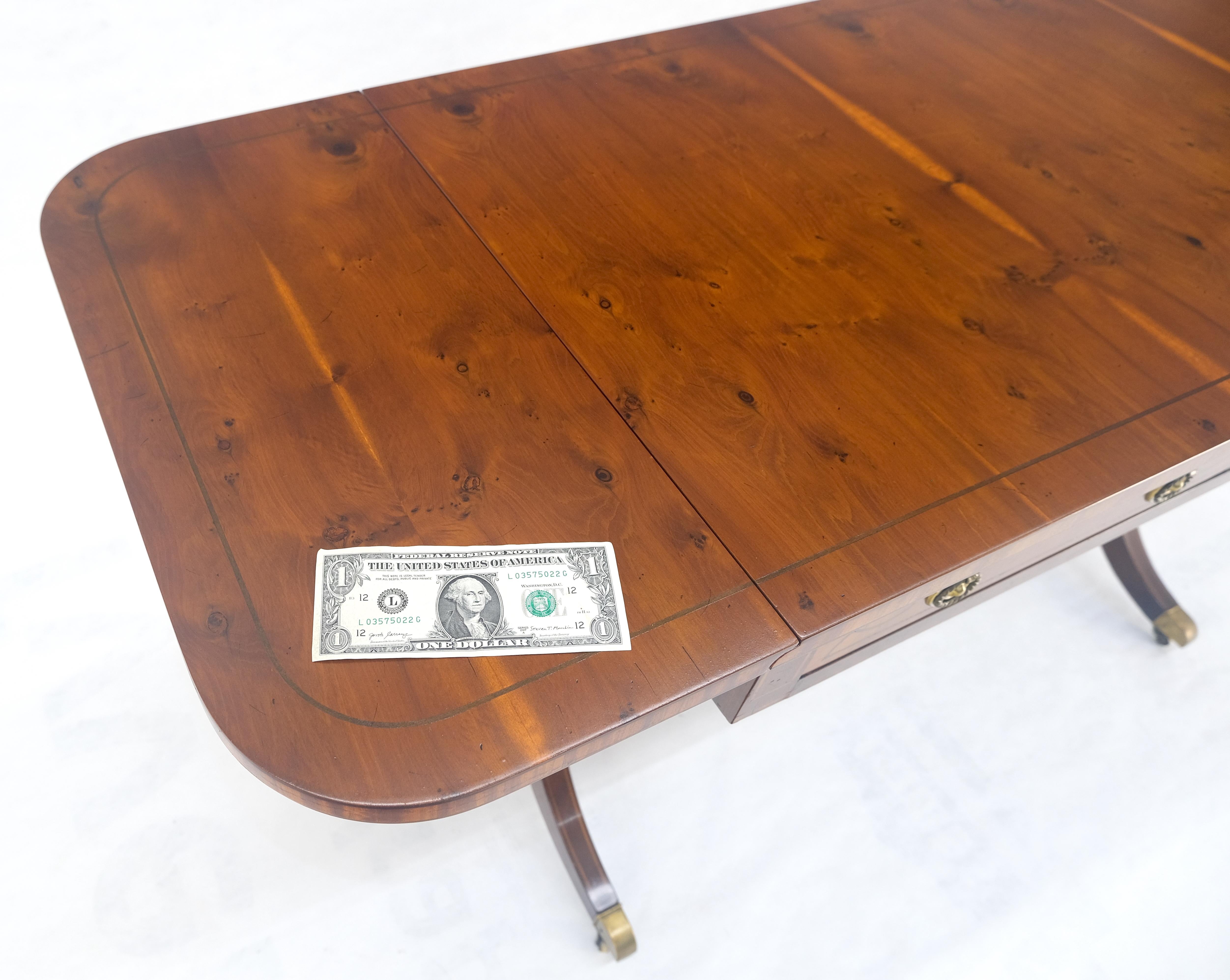 Yew Wood Drop Leaves Two Drawers Low Profile Brass Feet Desk Console Table MINT For Sale 10