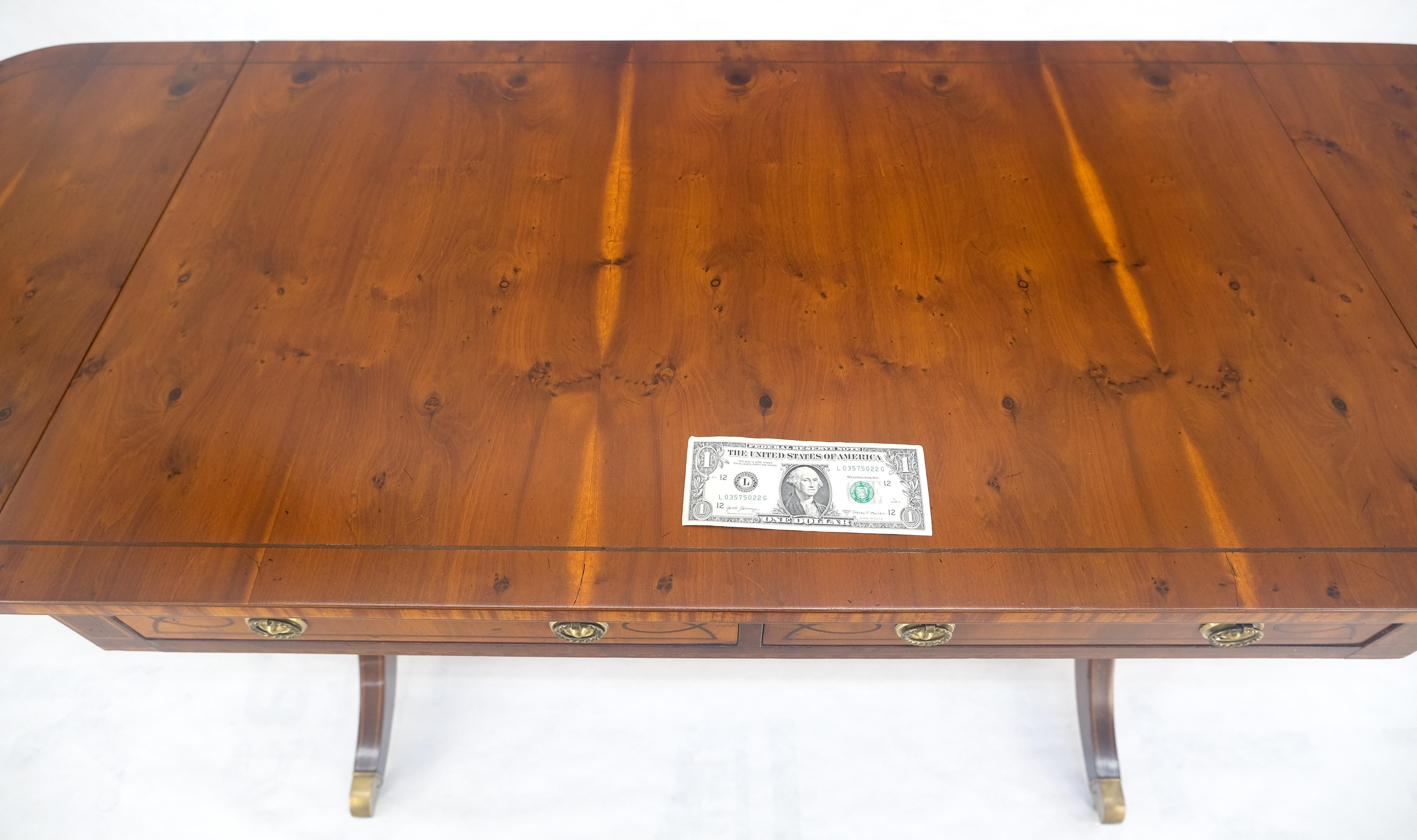 Yew Wood Drop Leaves Two Drawers Low Profile Brass Feet Desk Console Table MINT For Sale 11