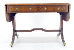Yew Wood Drop Leaves Two Drawers Low Profile Brass Feet Desk Console Table MINT