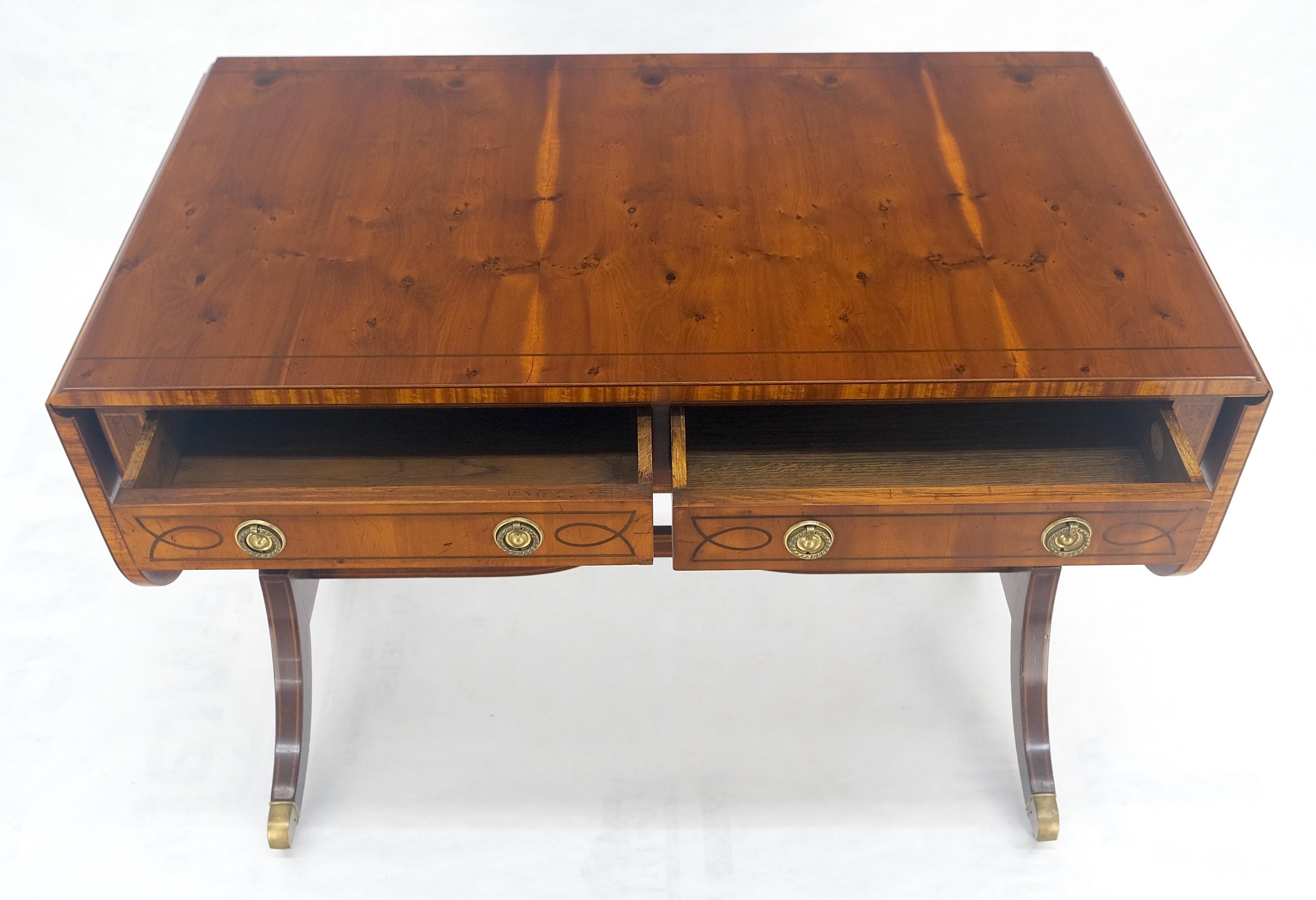 Federal Yew Wood Drop Leaves Two Drawers Low Profile Brass Feet Desk Console Table MINT For Sale