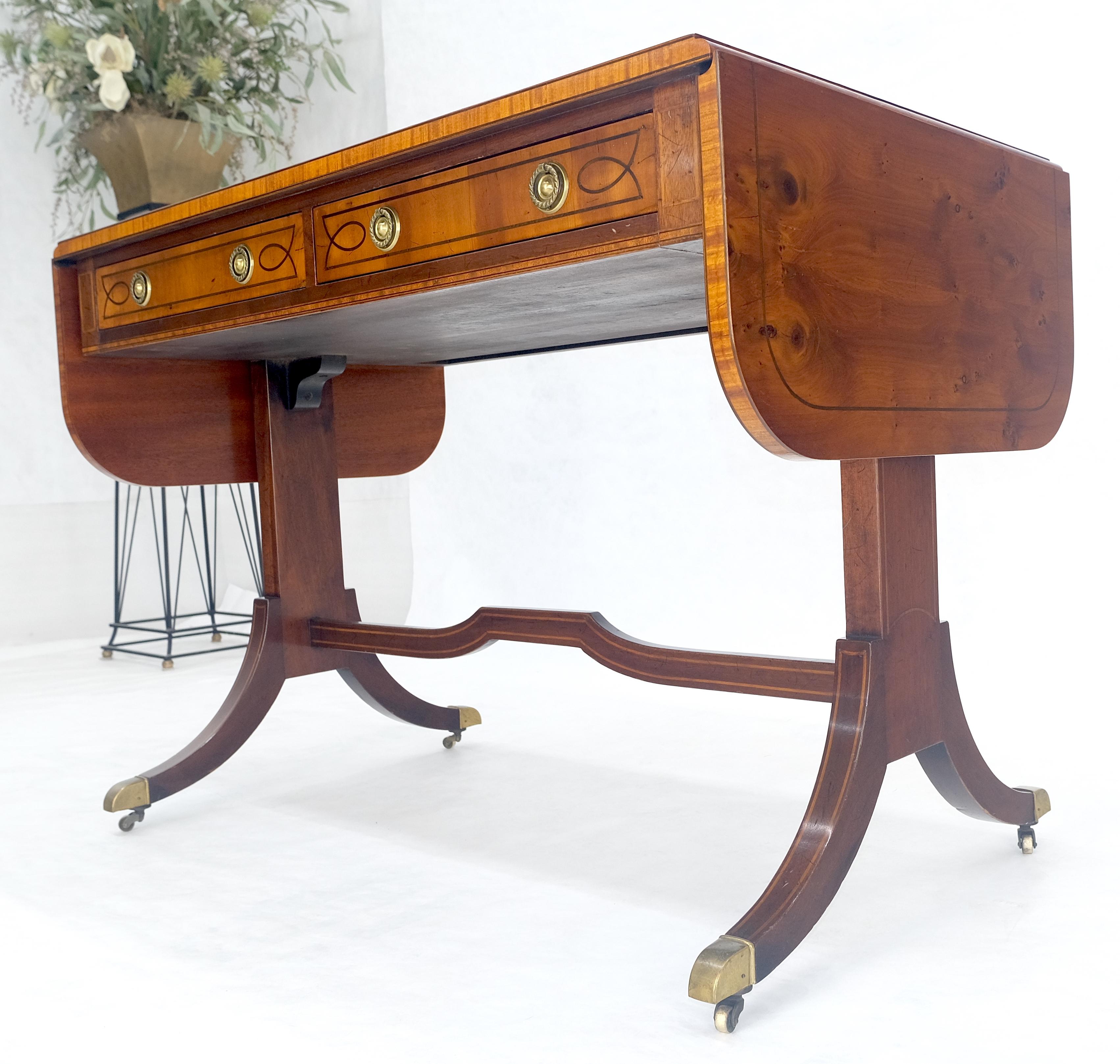 20th Century Yew Wood Drop Leaves Two Drawers Low Profile Brass Feet Desk Console Table MINT For Sale