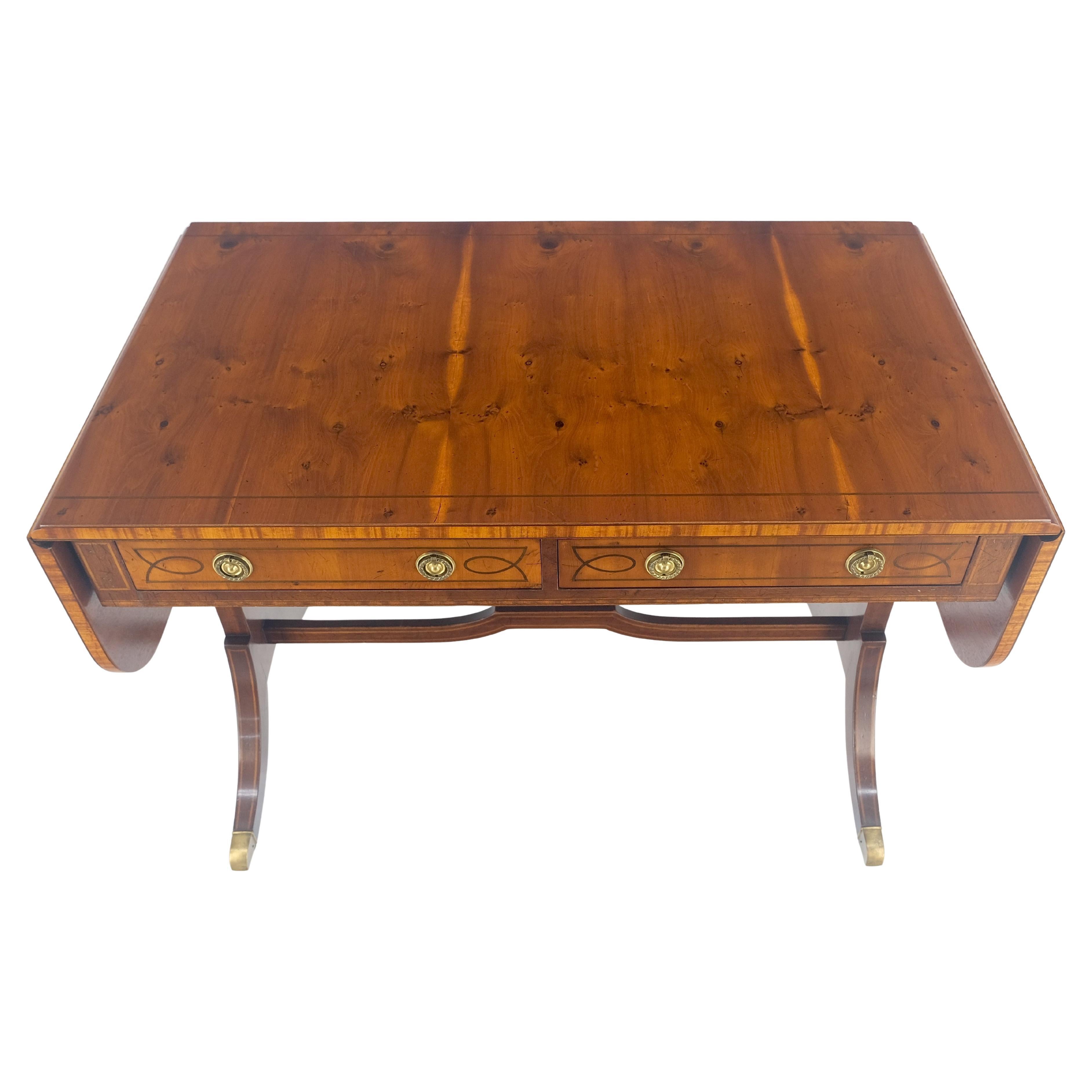 Yew Wood Drop Leaves Two Drawers Low Profile Brass Feet Desk Console Table MINT For Sale